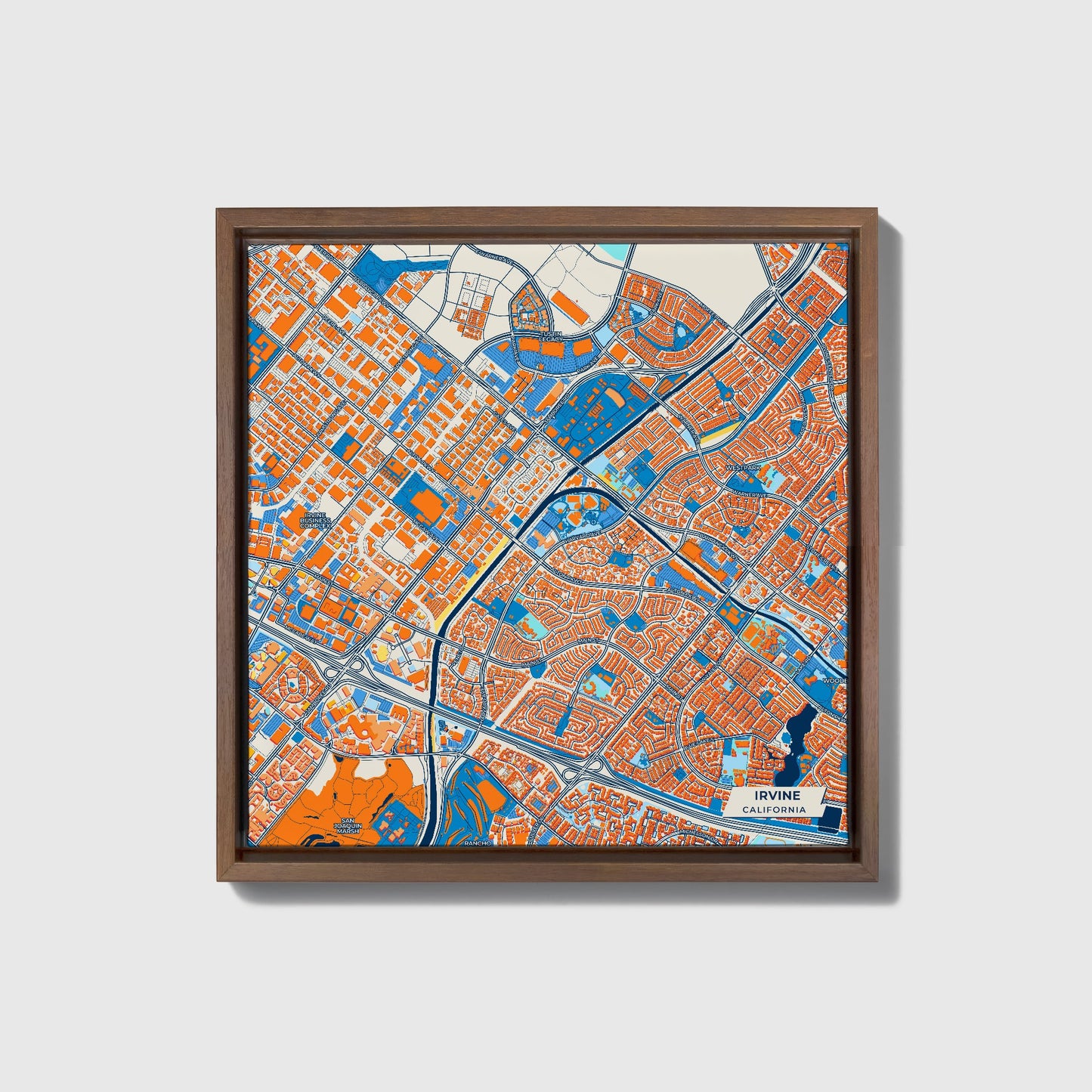 Irvine California Colorful City Map Canvas Print • Dark Wooden Framed