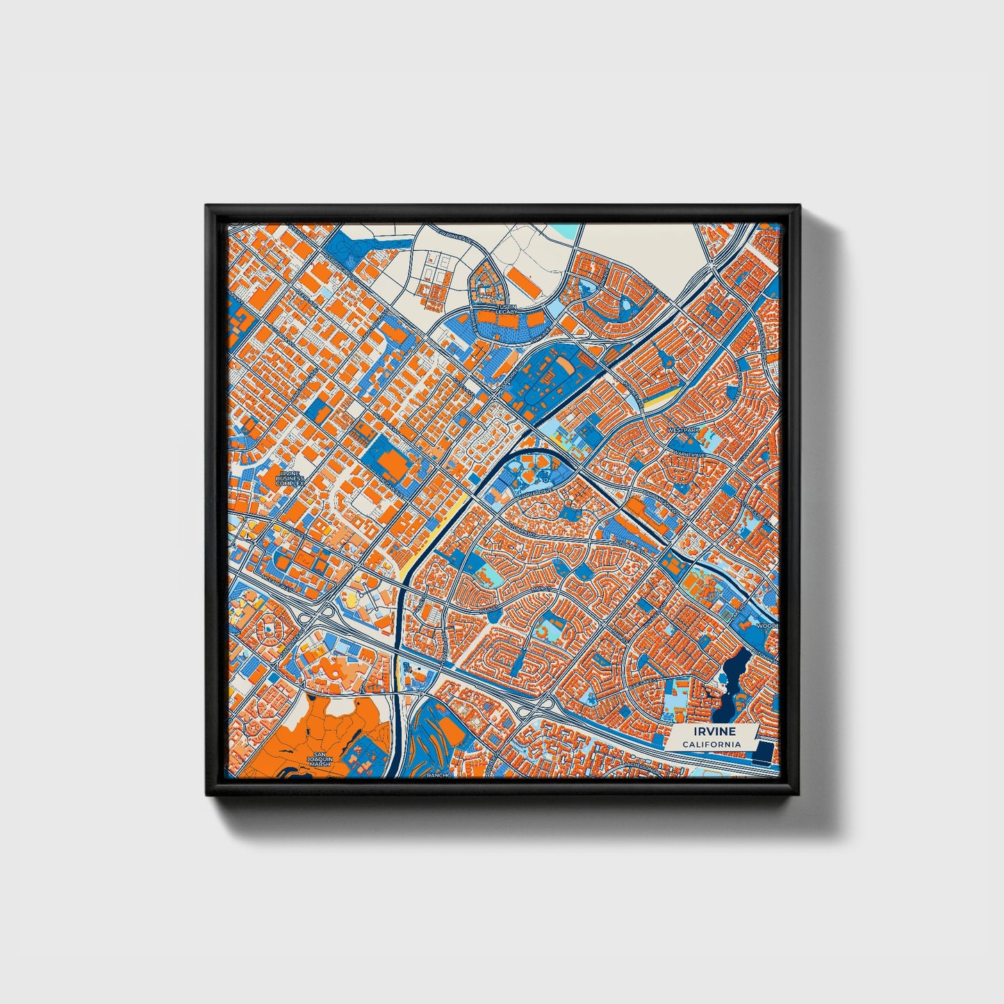 Irvine California Colorful City Map Canvas Print • Black Framed