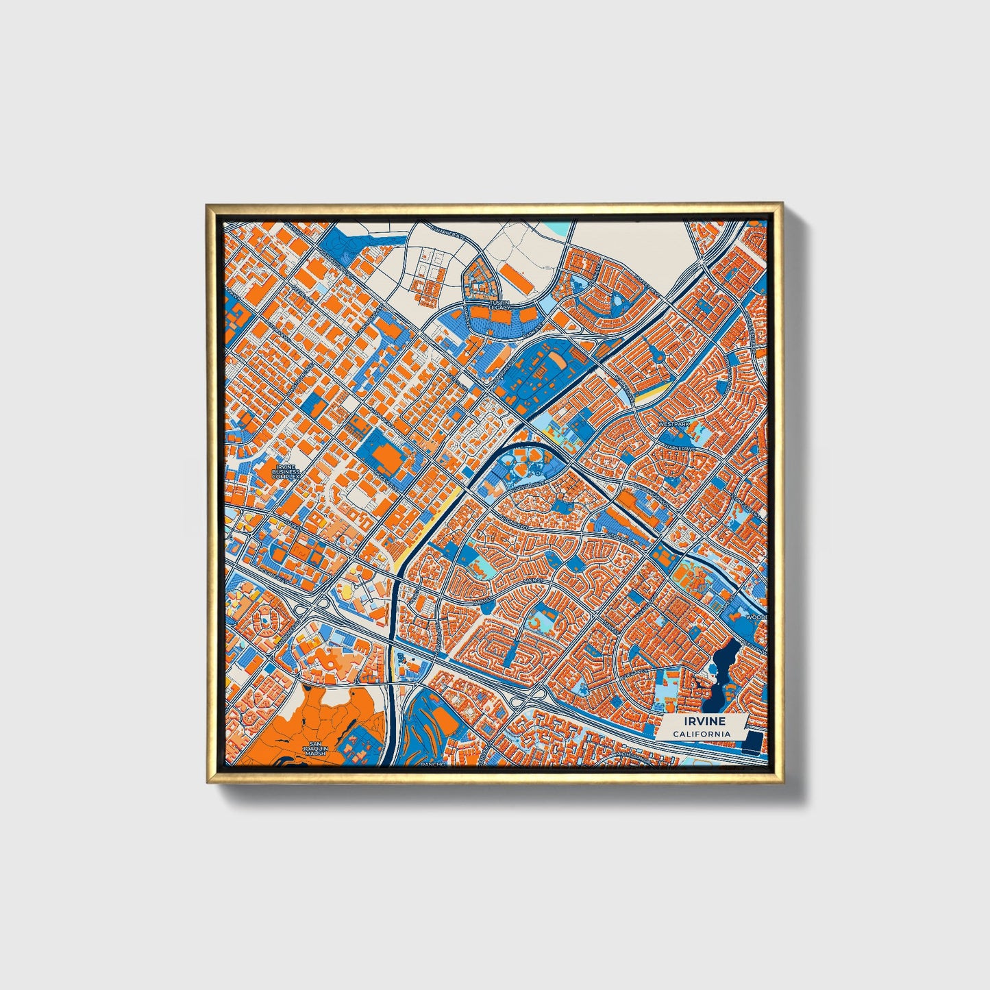 Irvine California Colorful City Map Canvas Print • Gold Framed