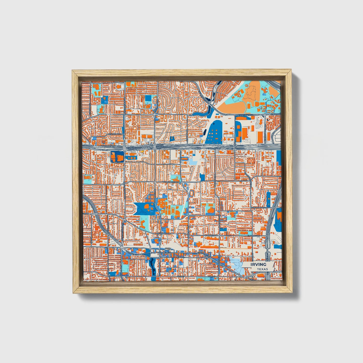 Irving Texas Colorful City Map Canvas Print • Natural Wooden Framed