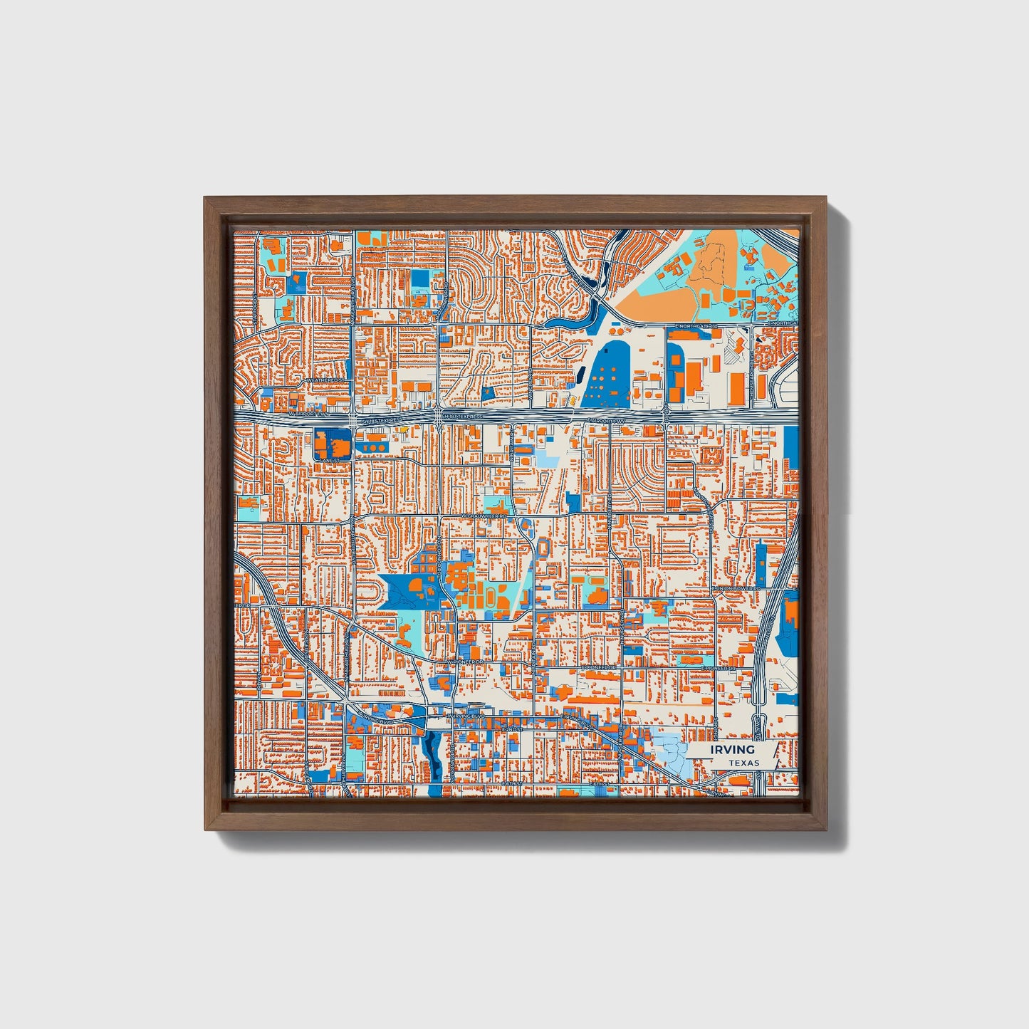 Irving Texas Colorful City Map Canvas Print • Dark Wooden Framed