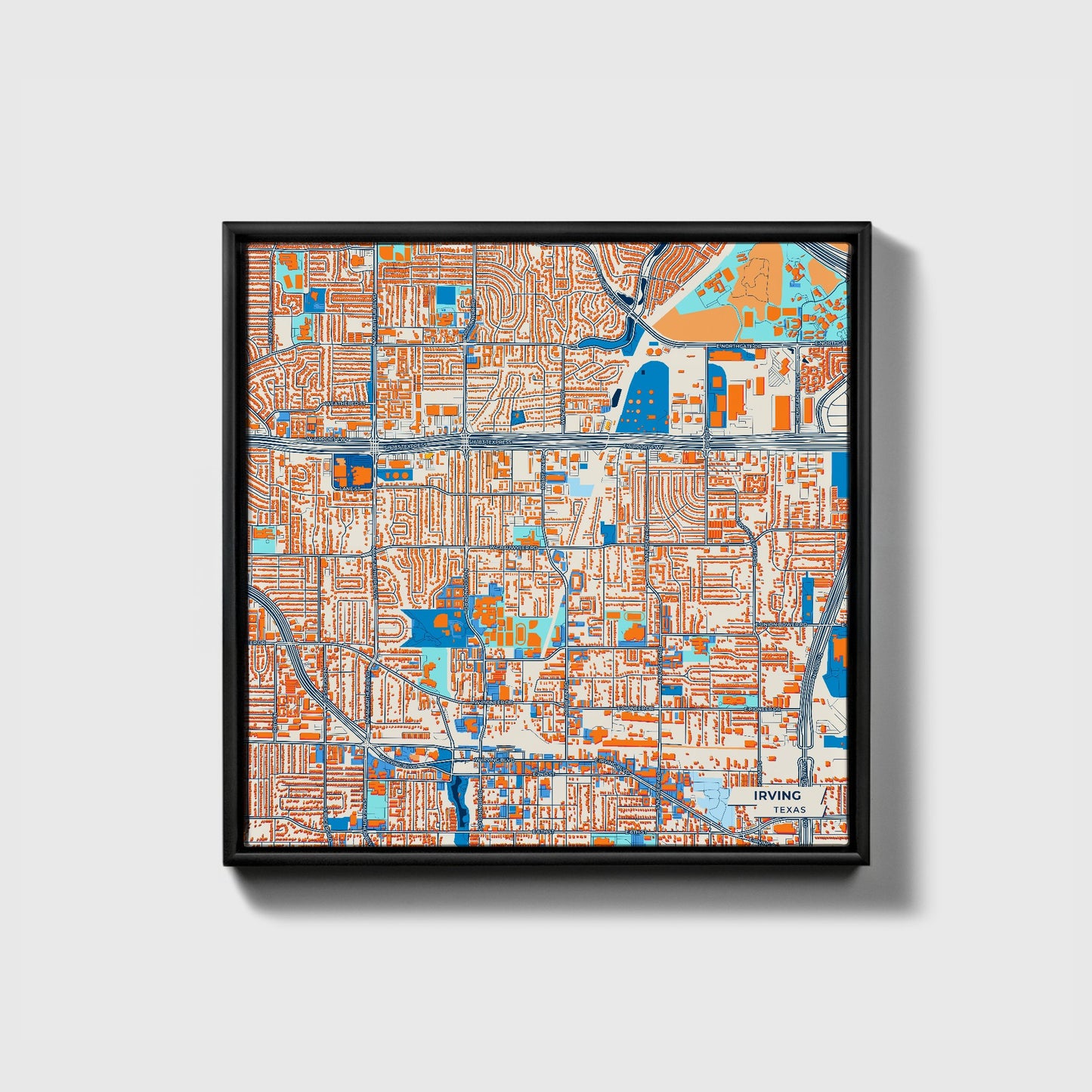 Irving Texas Colorful City Map Canvas Print • Black Framed