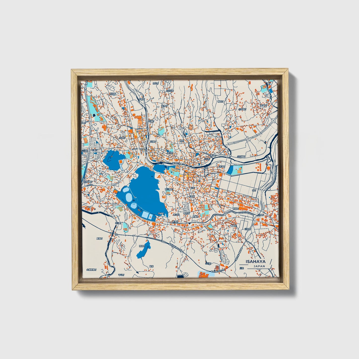 Isahaya Japan Colorful City Map Canvas Print • Natural Wooden Framed