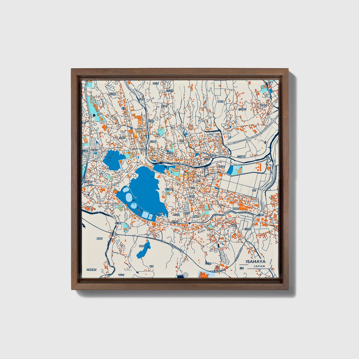 Isahaya Japan Colorful City Map Canvas Print • Dark Wooden Framed