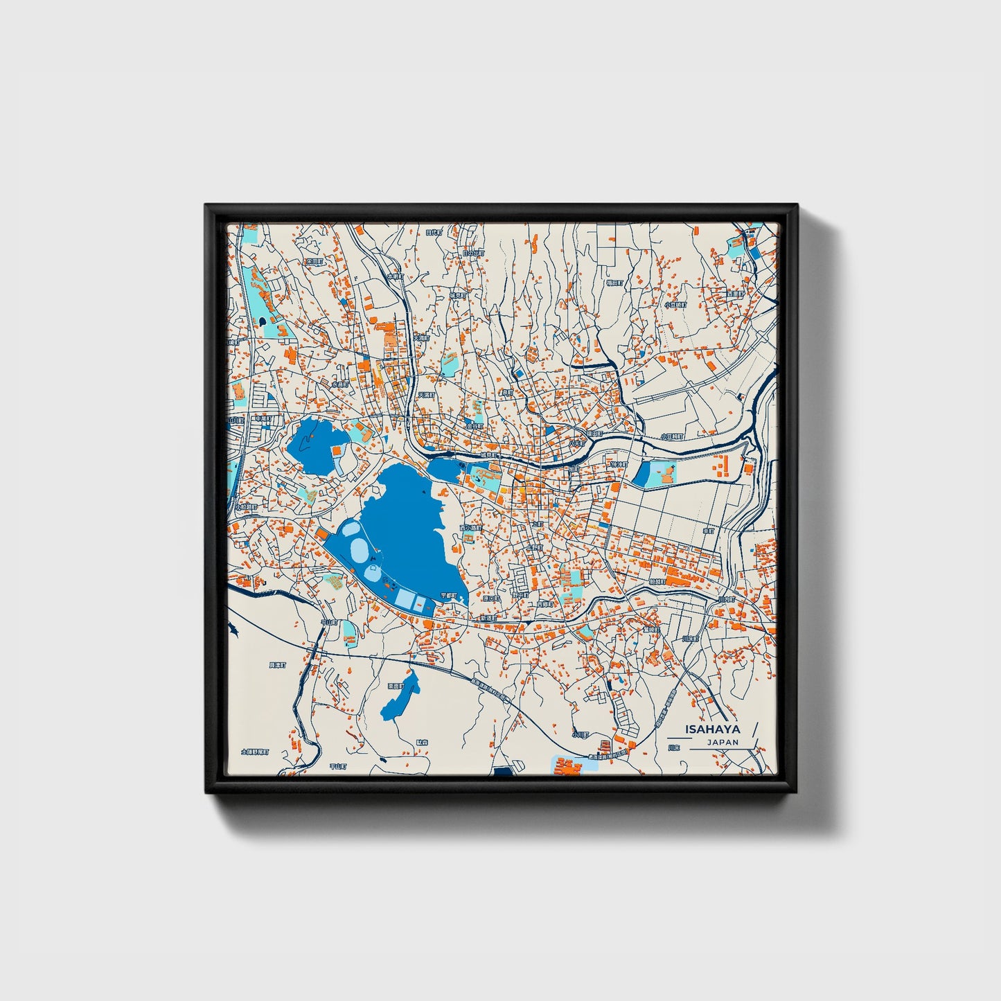 Isahaya Japan Colorful City Map Canvas Print • Black Framed