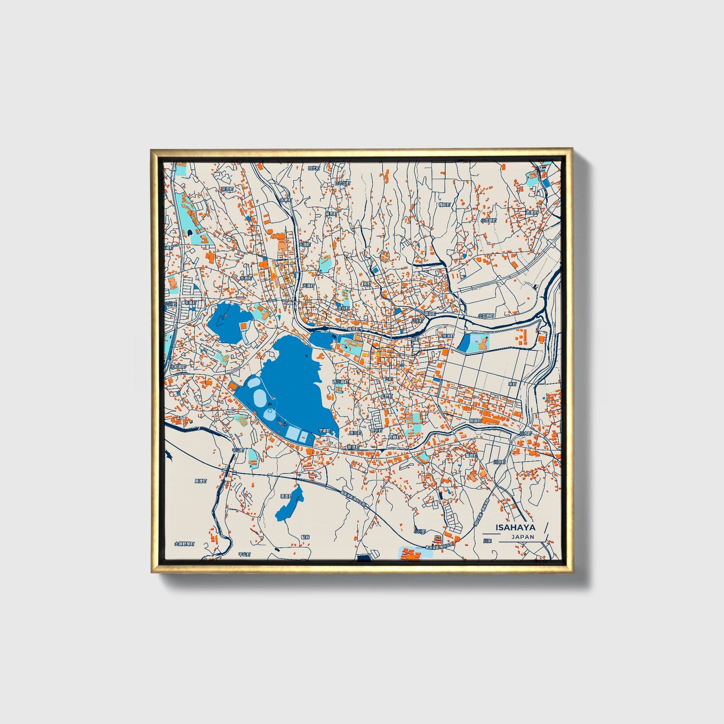 Isahaya Japan Colorful City Map Canvas Print • Gold Framed