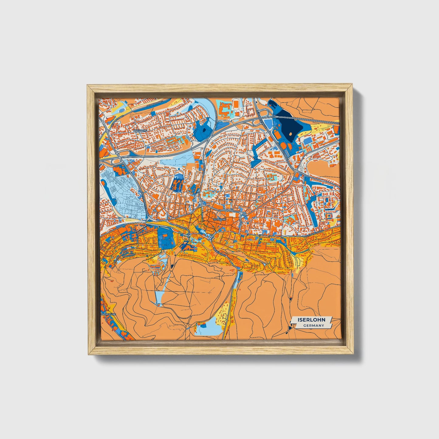 Iserlohn Germany Colorful City Map Canvas Print • Natural Wooden Framed