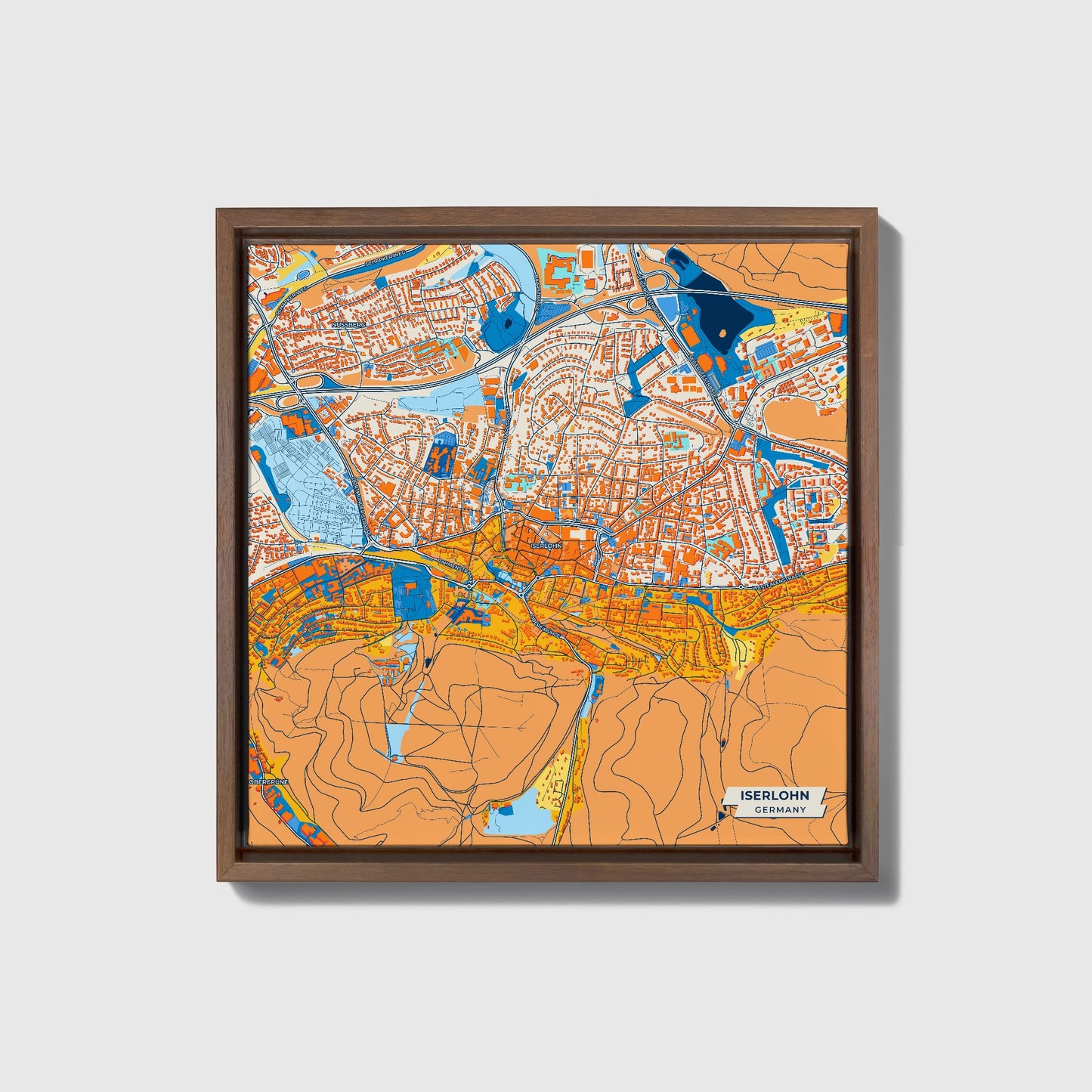 Iserlohn Germany Colorful City Map Canvas Print • Dark Wooden Framed