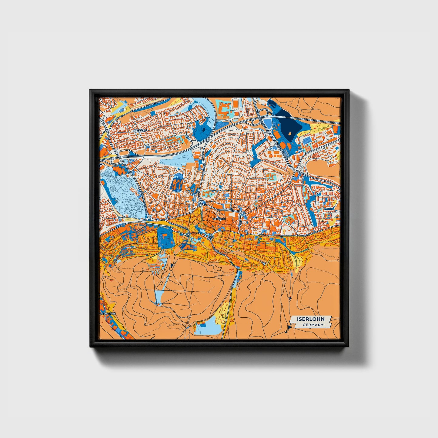 Iserlohn Germany Colorful City Map Canvas Print • Black Framed
