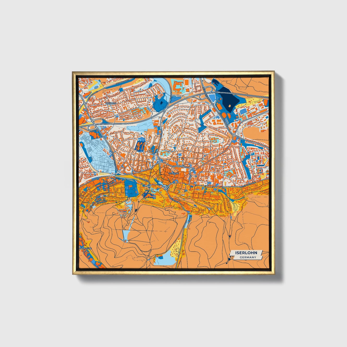 Iserlohn Germany Colorful City Map Canvas Print • Gold Framed