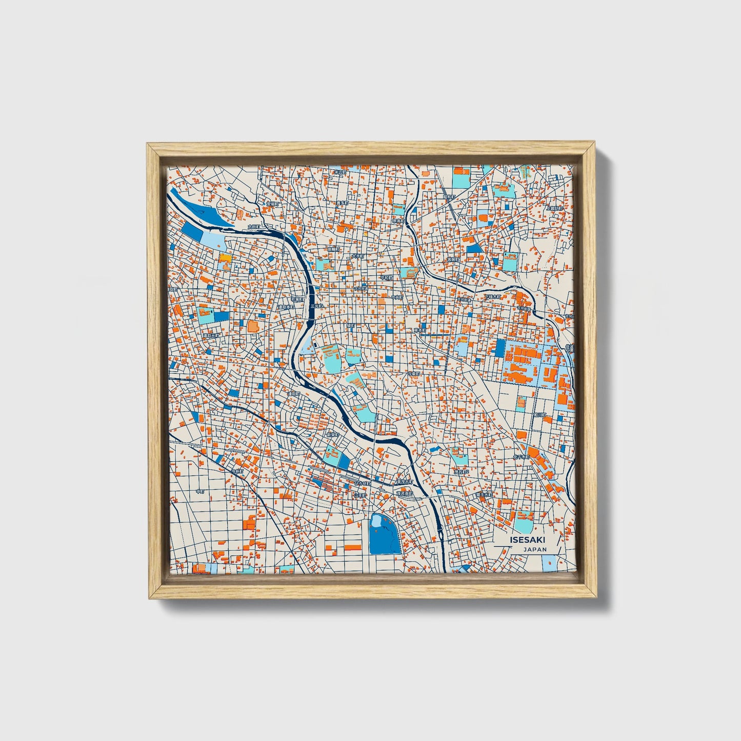 Isesaki Japan Colorful City Map Canvas Print • Natural Wooden Framed
