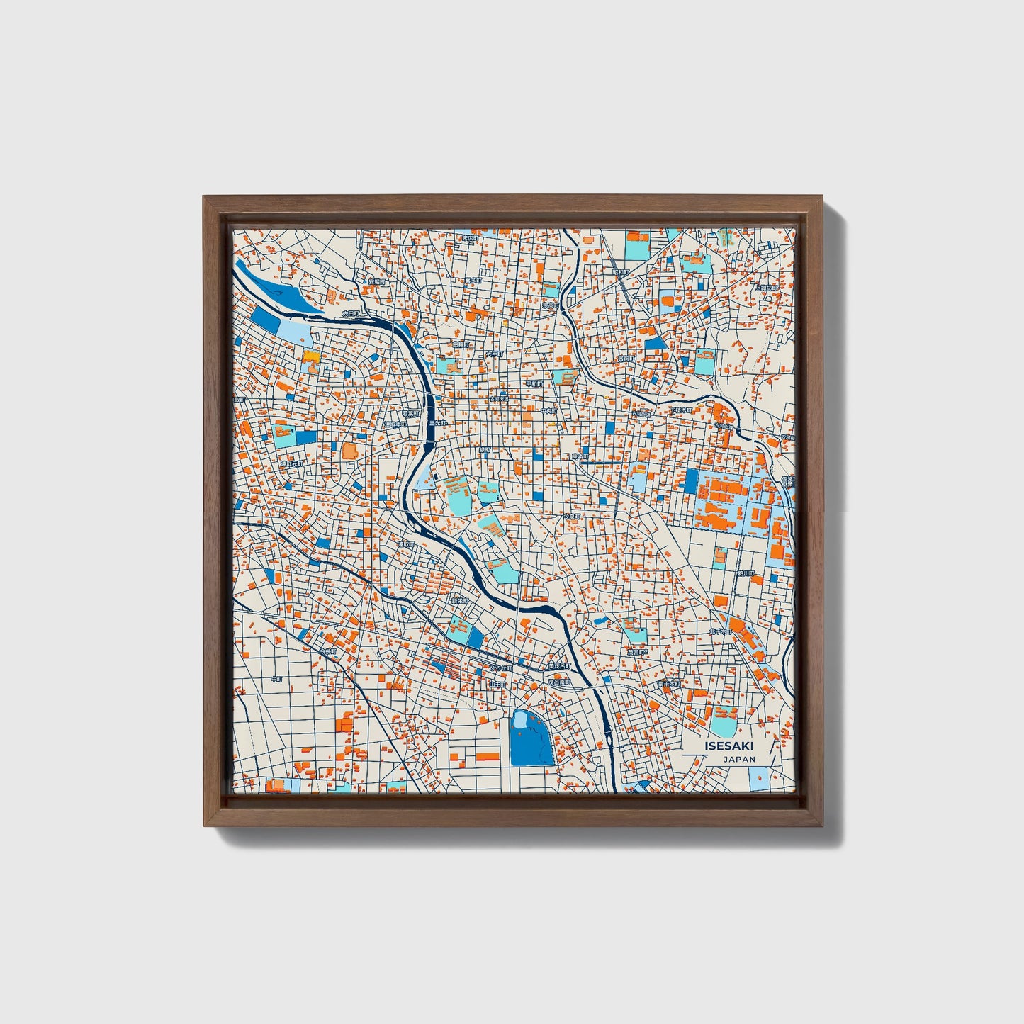 Isesaki Japan Colorful City Map Canvas Print • Dark Wooden Framed