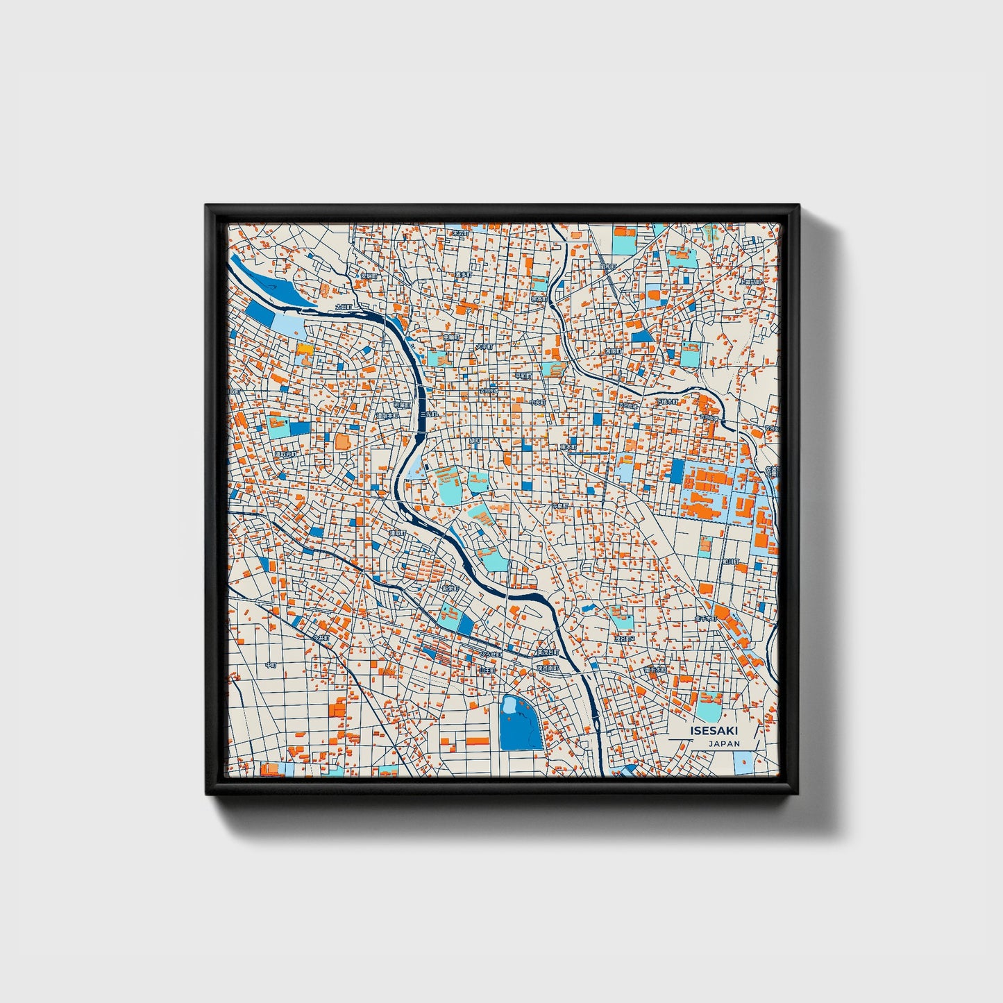 Isesaki Japan Colorful City Map Canvas Print • Black Framed