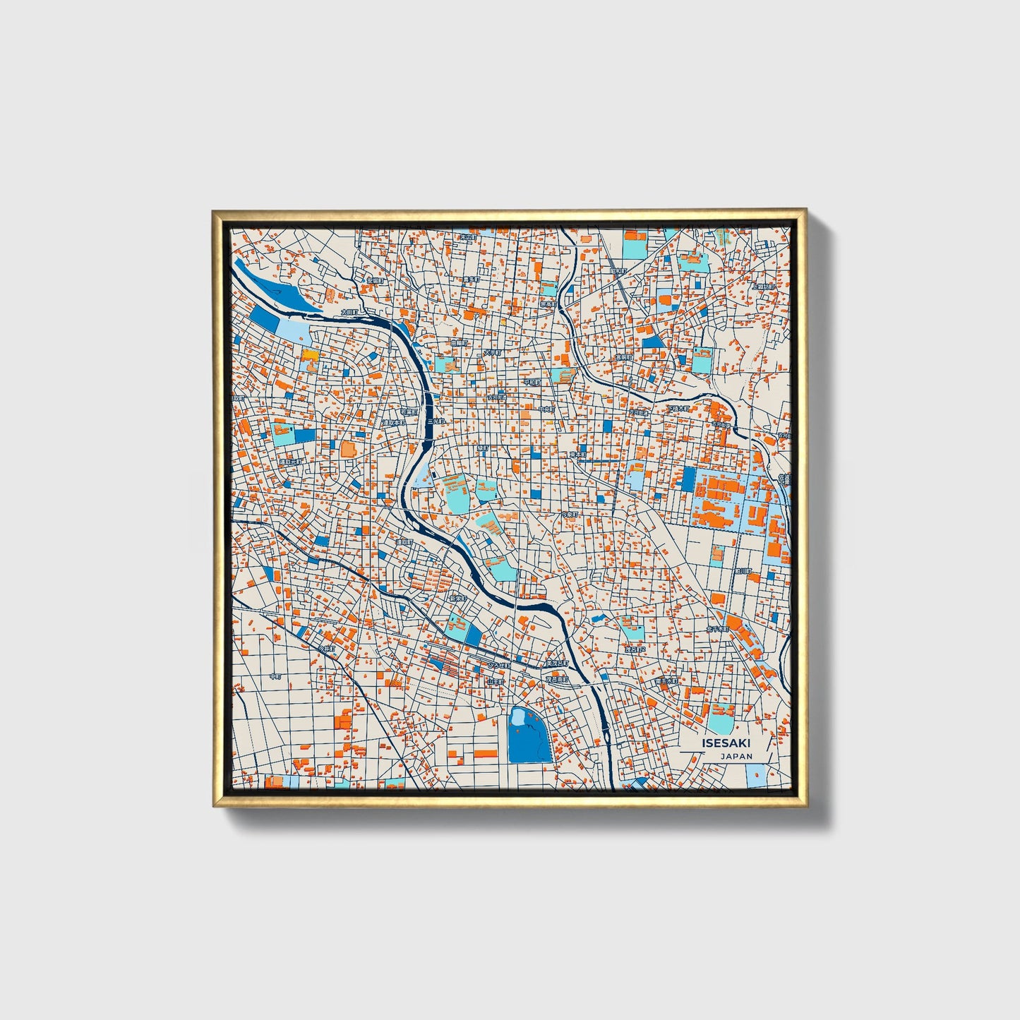 Isesaki Japan Colorful City Map Canvas Print • Gold Framed