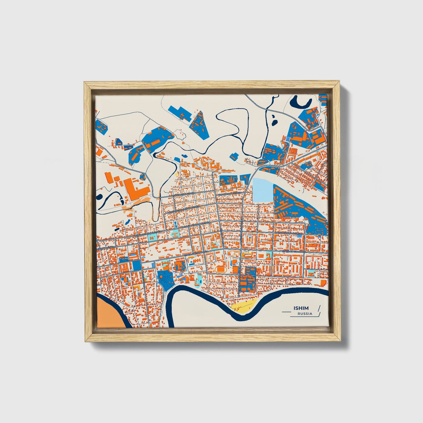 Ишим Russia Colorful City Map Canvas Print • Natural Wooden Framed
