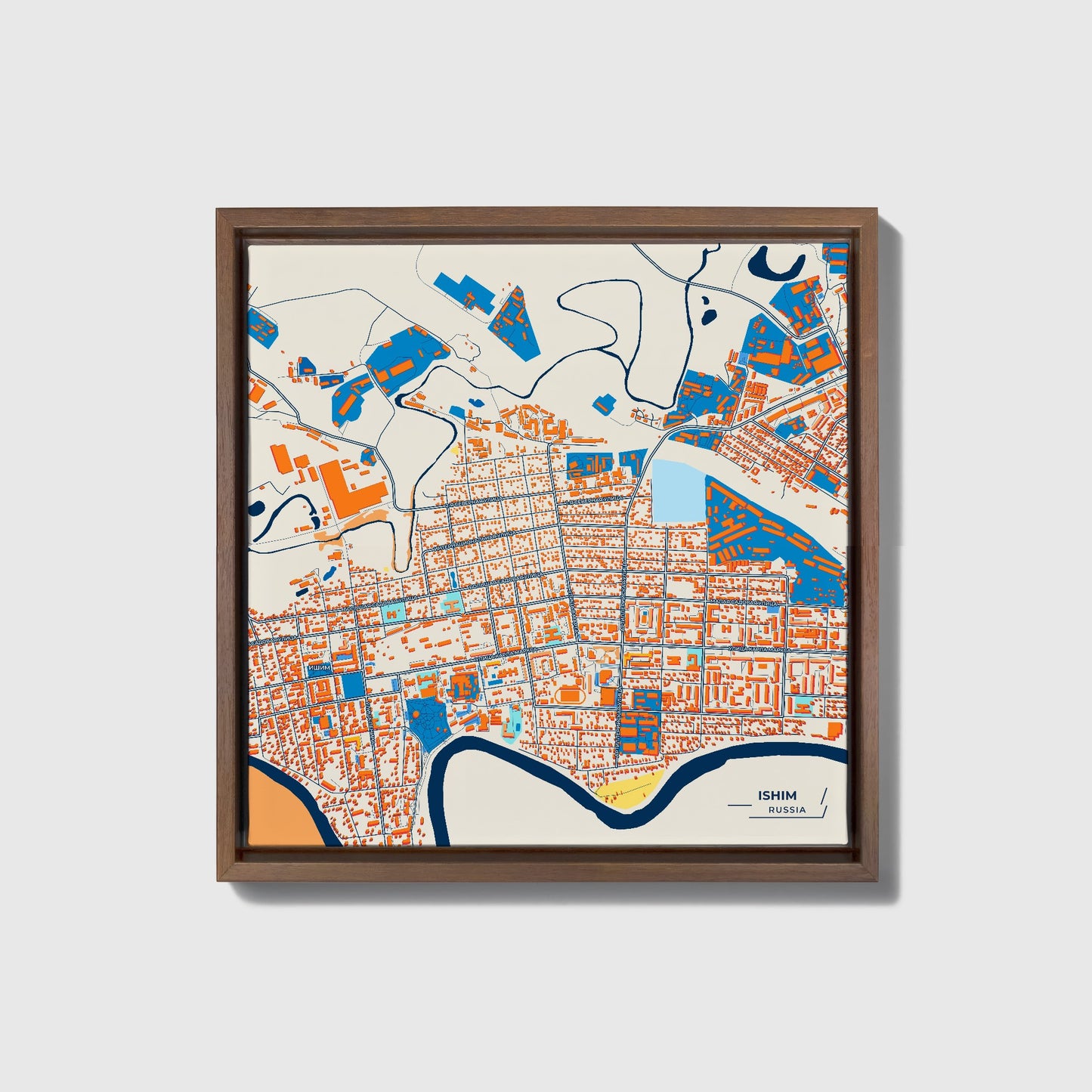 Ишим Russia Colorful City Map Canvas Print • Dark Wooden Framed