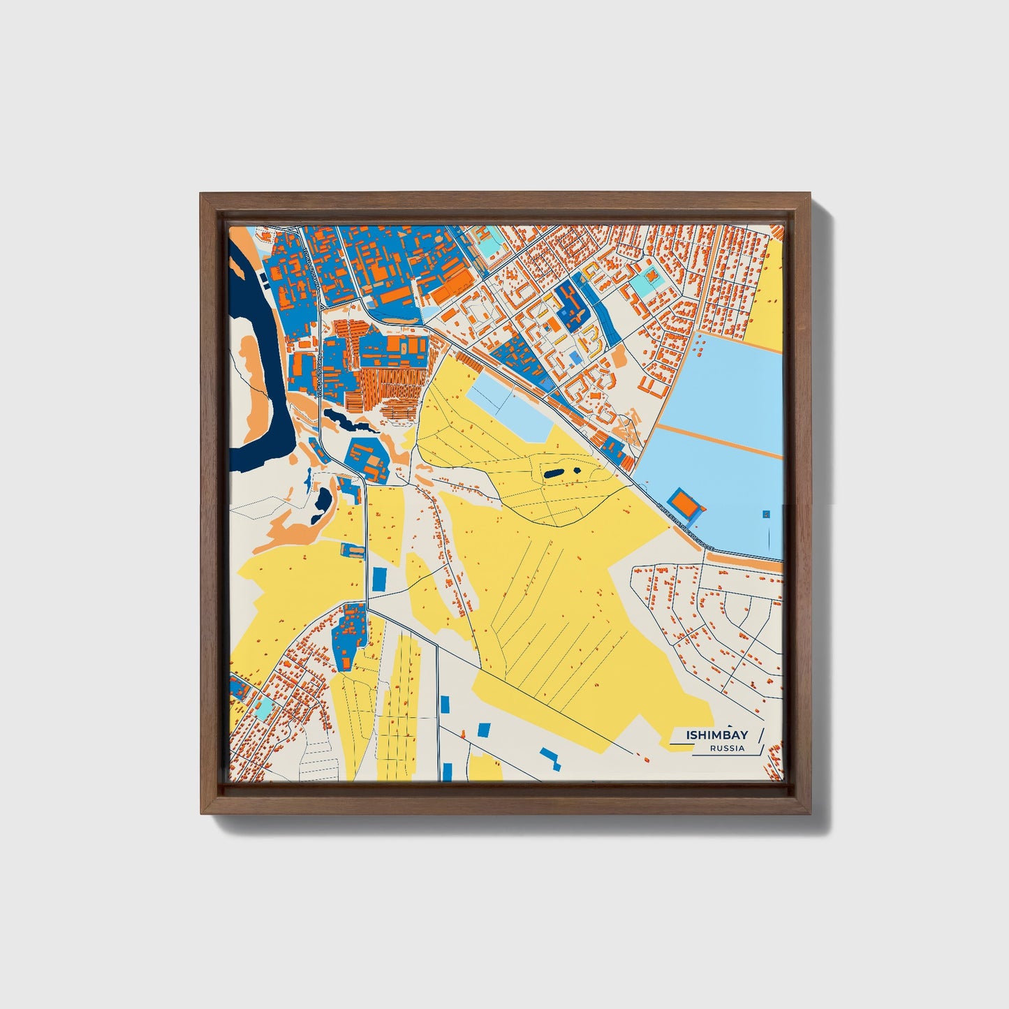 Ишимбай Russia Colorful City Map Canvas Print • Dark Wooden Framed
