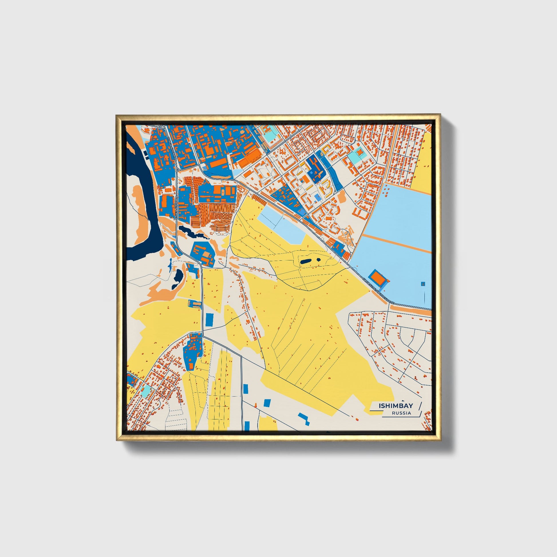 Ишимбай Russia Colorful City Map Canvas Print • Gold Framed