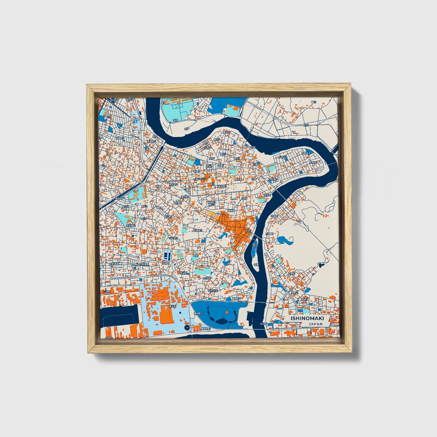 Ishinomaki Japan Colorful City Map Canvas Print • Natural Wooden Framed
