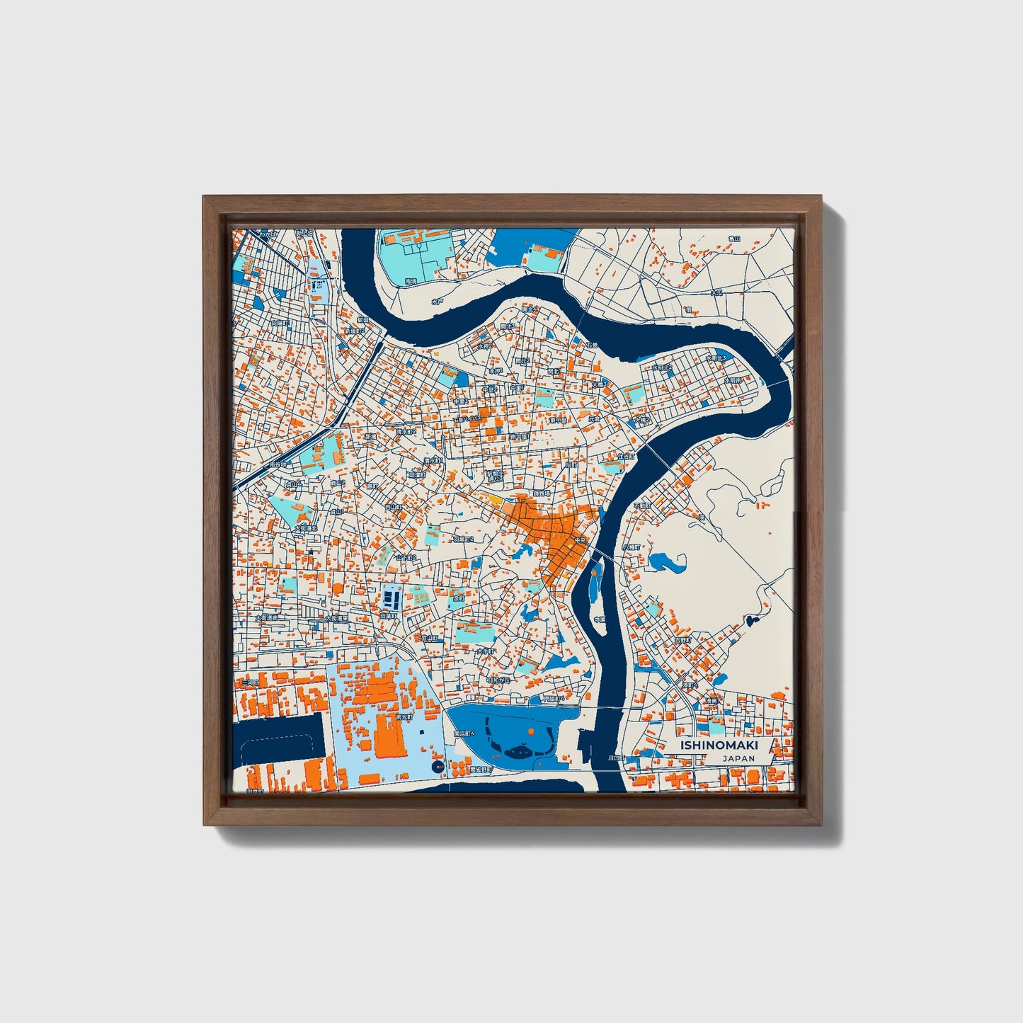 Ishinomaki Japan Colorful City Map Canvas Print • Dark Wooden Framed