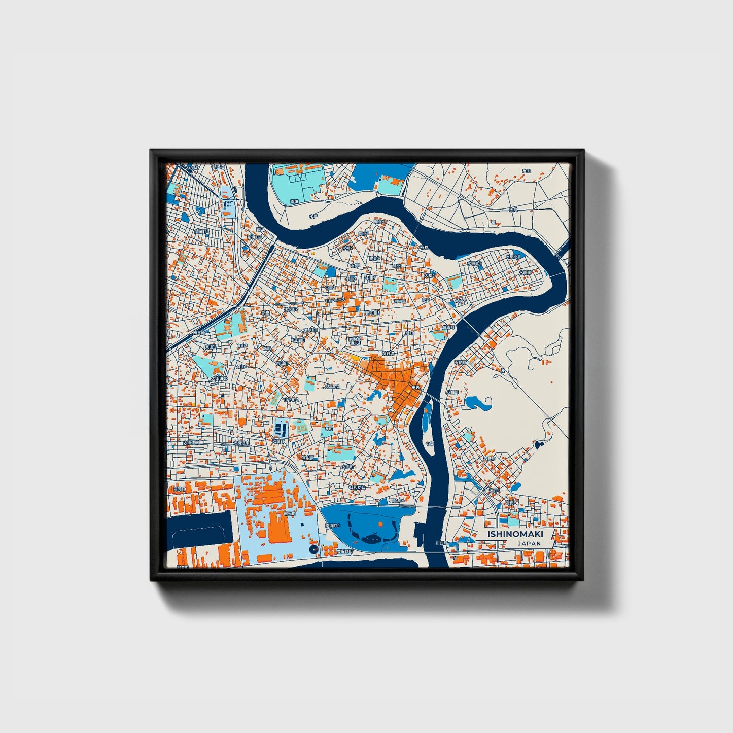 Ishinomaki Japan Colorful City Map Canvas Print • Black Framed