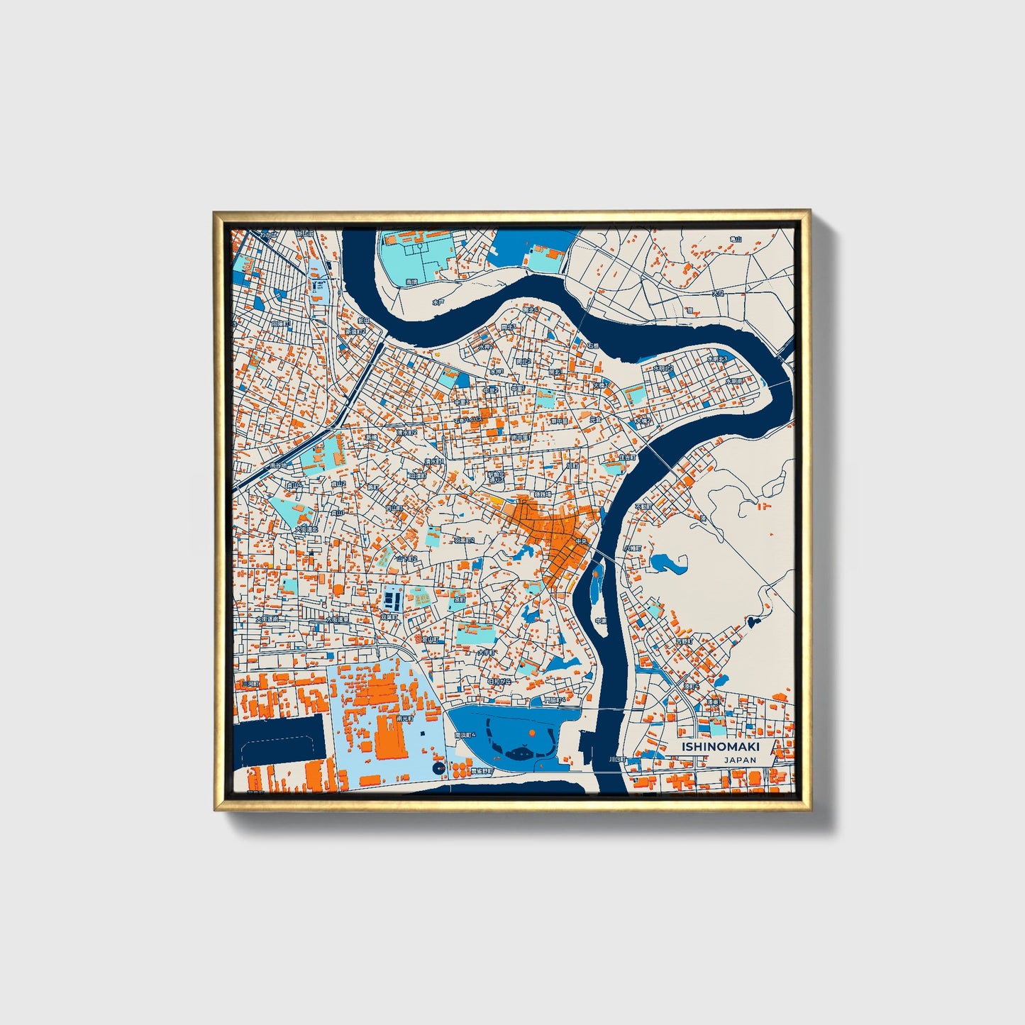 Ishinomaki Japan Colorful City Map Canvas Print • Gold Framed