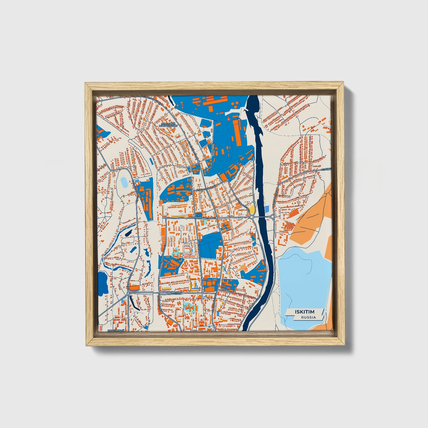 Искитим Russia Colorful City Map Canvas Print • Natural Wooden Framed