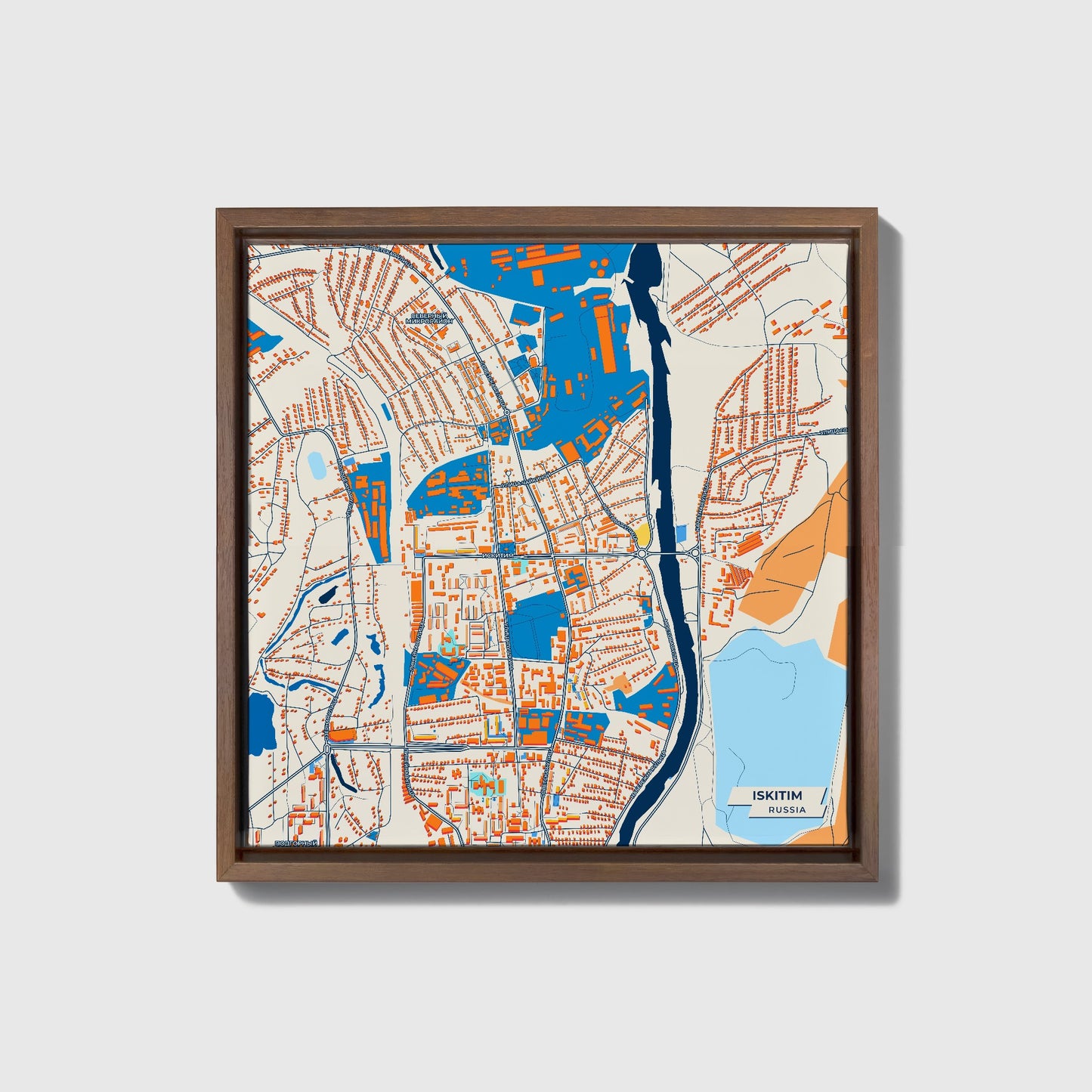 Искитим Russia Colorful City Map Canvas Print • Dark Wooden Framed