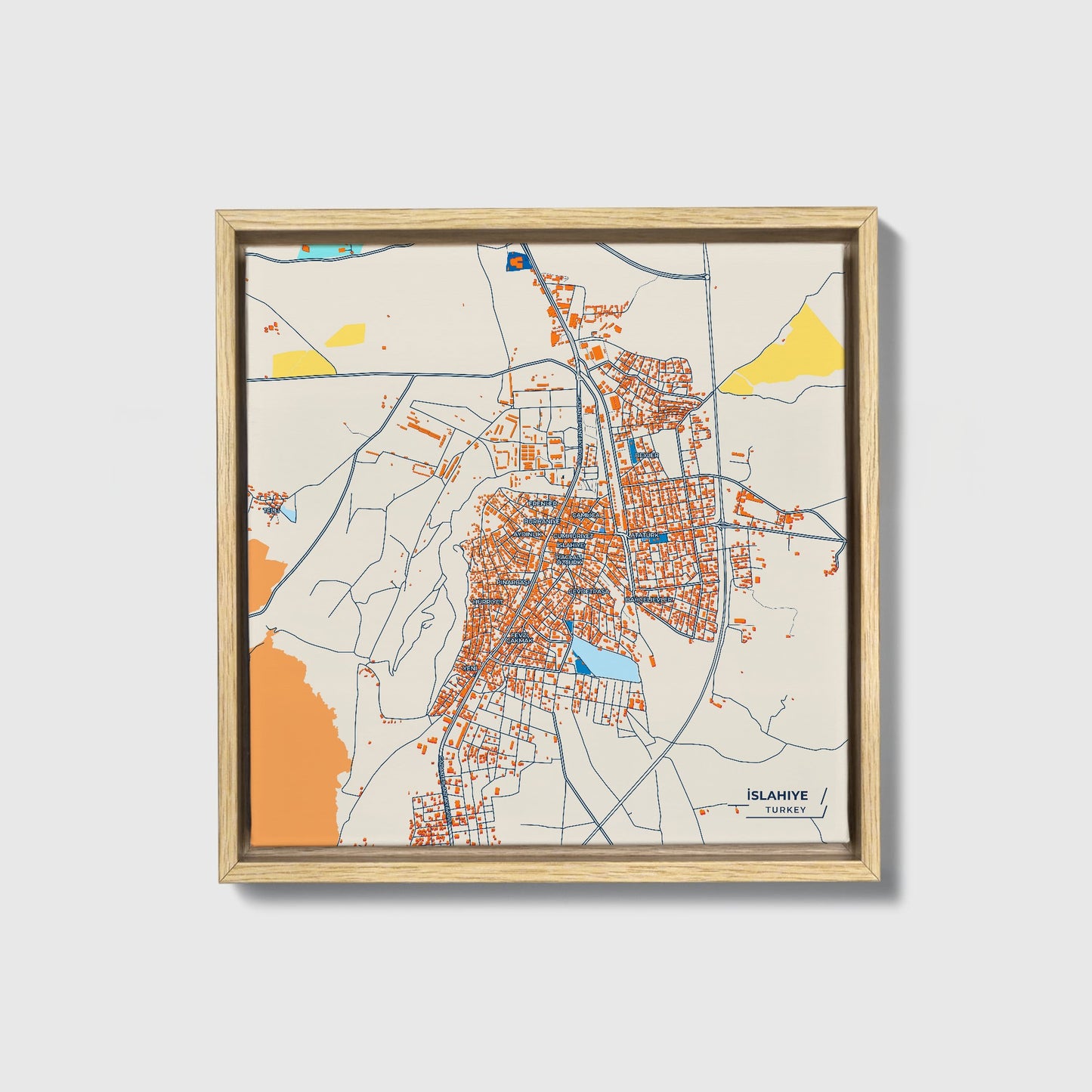 İslahiye Turkey Colorful City Map Canvas Print • Natural Wooden Framed