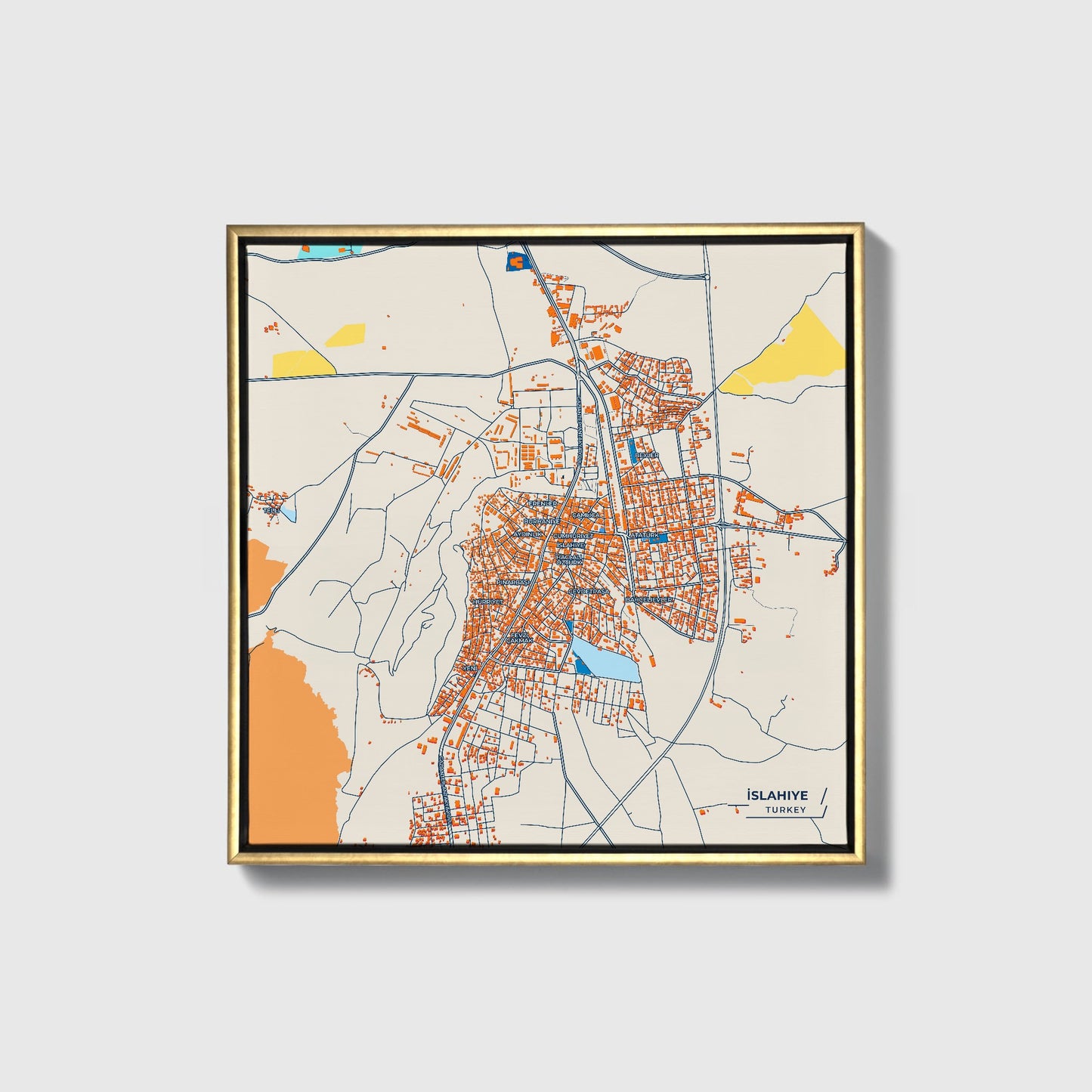 İslahiye Turkey Colorful City Map Canvas Print • Gold Framed