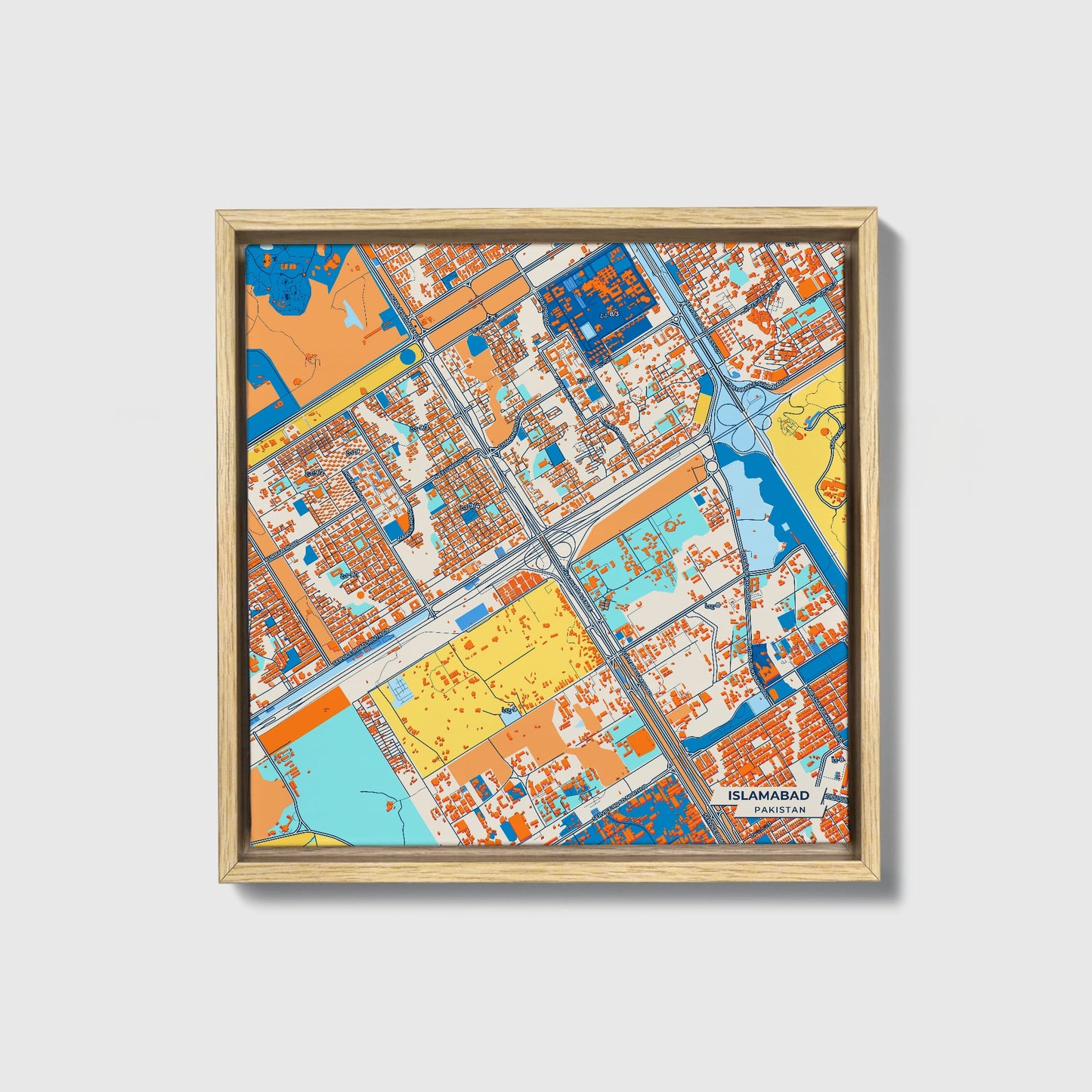 Islamabad Pakistan Colorful City Map Canvas Print • Natural Wooden Framed