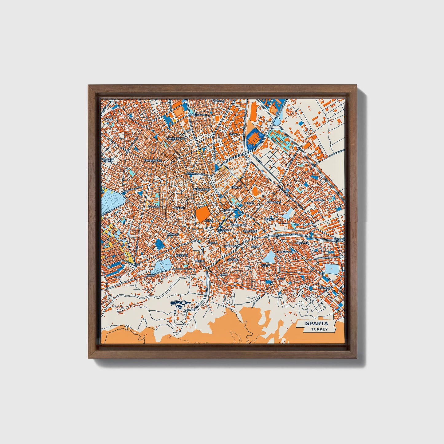Isparta Turkey Colorful City Map Canvas Print • Dark Wooden Framed