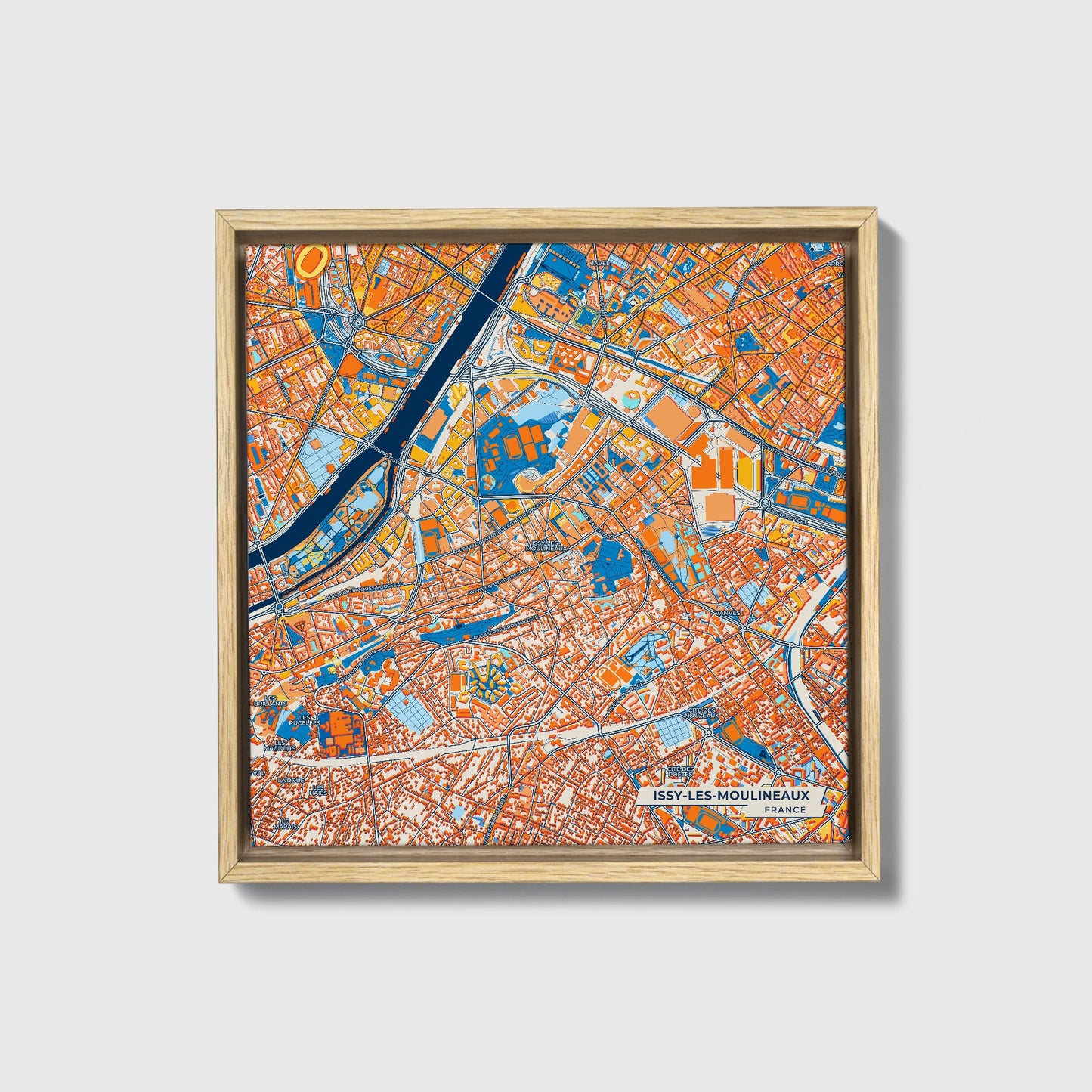 Issy-Les-Moulineaux France Colorful City Map Canvas Print • Natural Wooden Framed