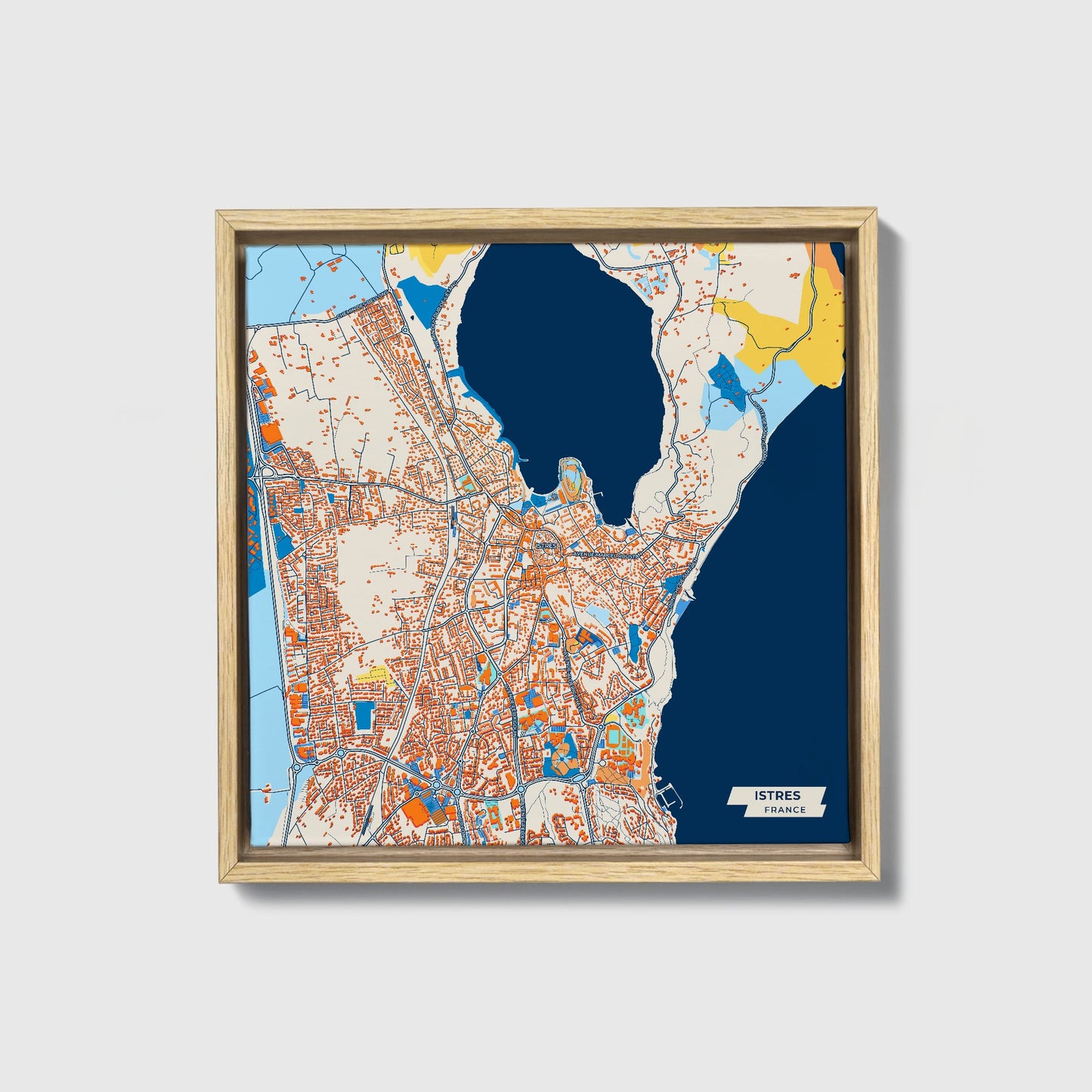 Istres France Colorful City Map Canvas Print • Natural Wooden Framed