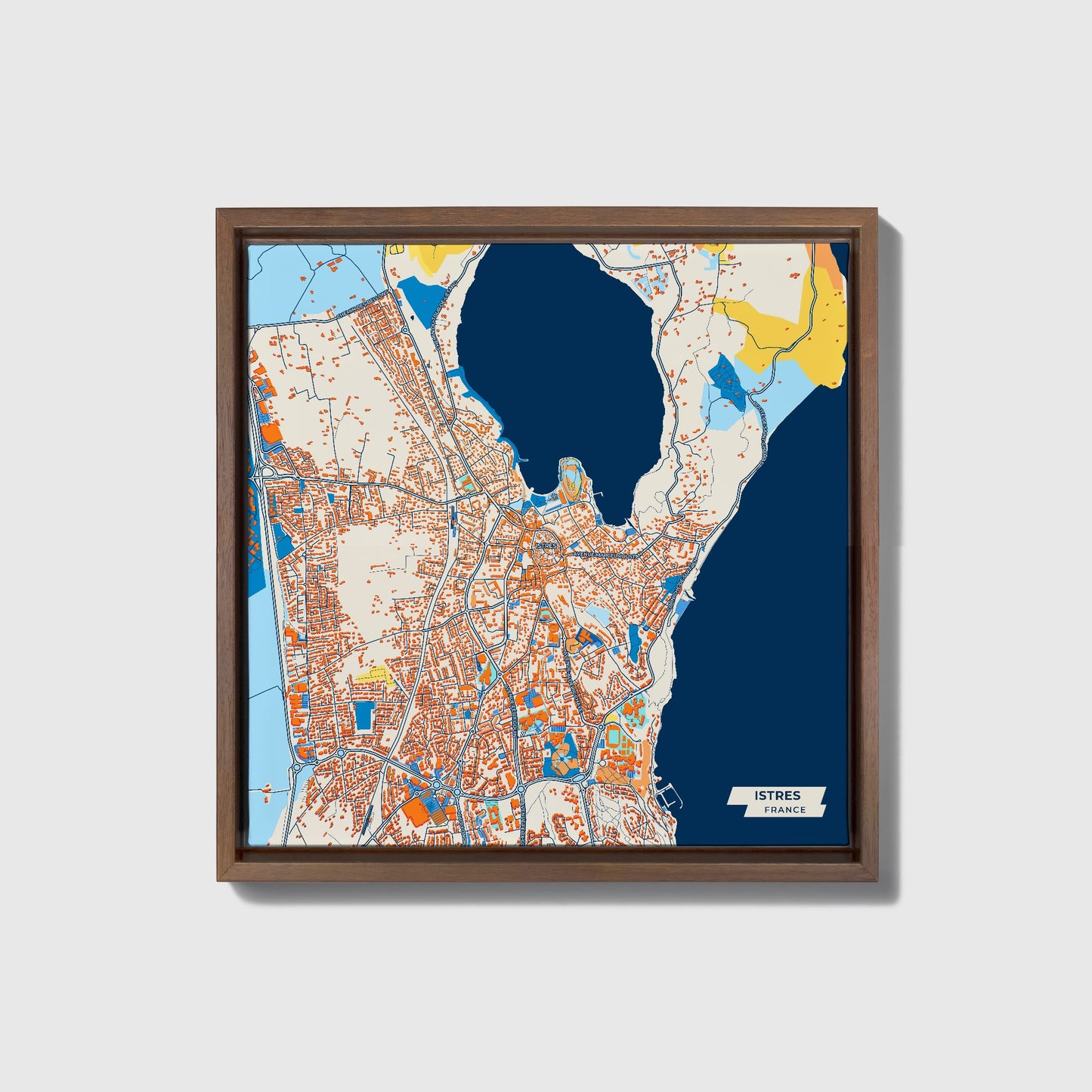 Istres France Colorful City Map Canvas Print • Dark Wooden Framed