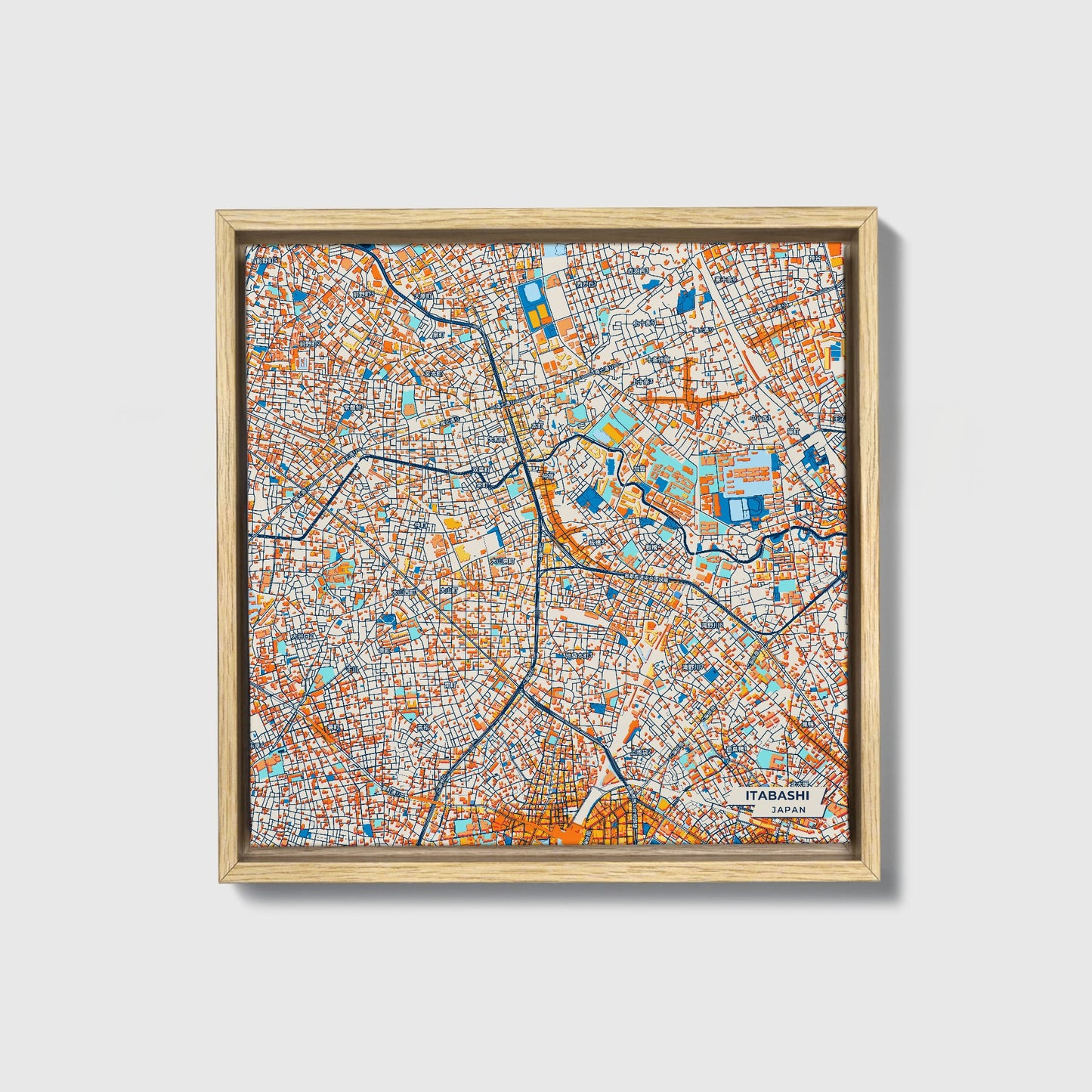 Itabashi Japan Colorful City Map Canvas Print • Natural Wooden Framed