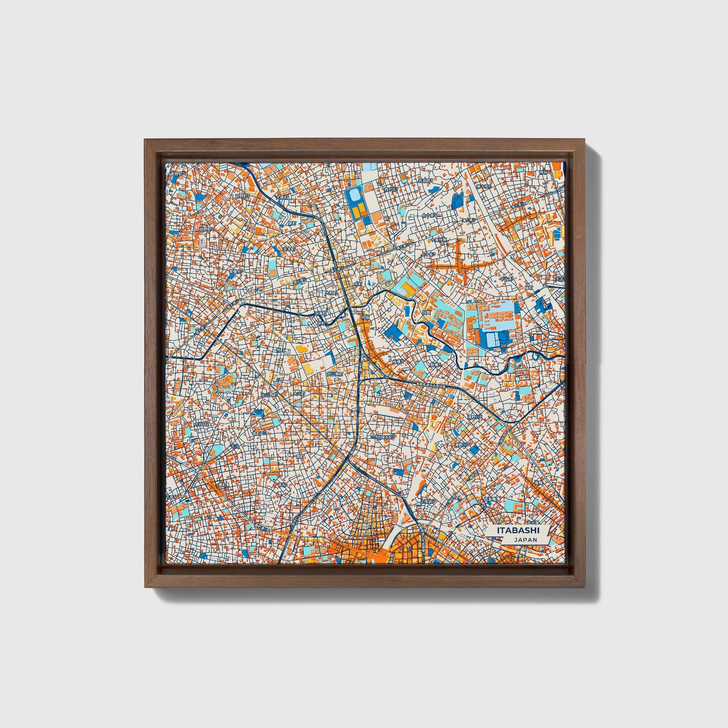 Itabashi Japan Colorful City Map Canvas Print • Dark Wooden Framed