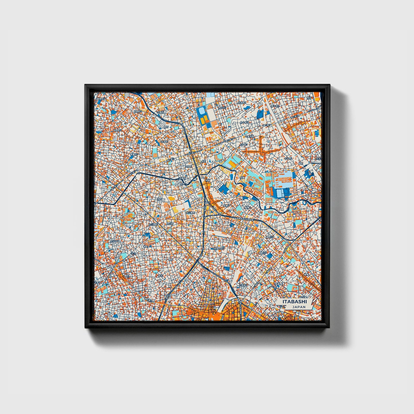 Itabashi Japan Colorful City Map Canvas Print • Black Framed