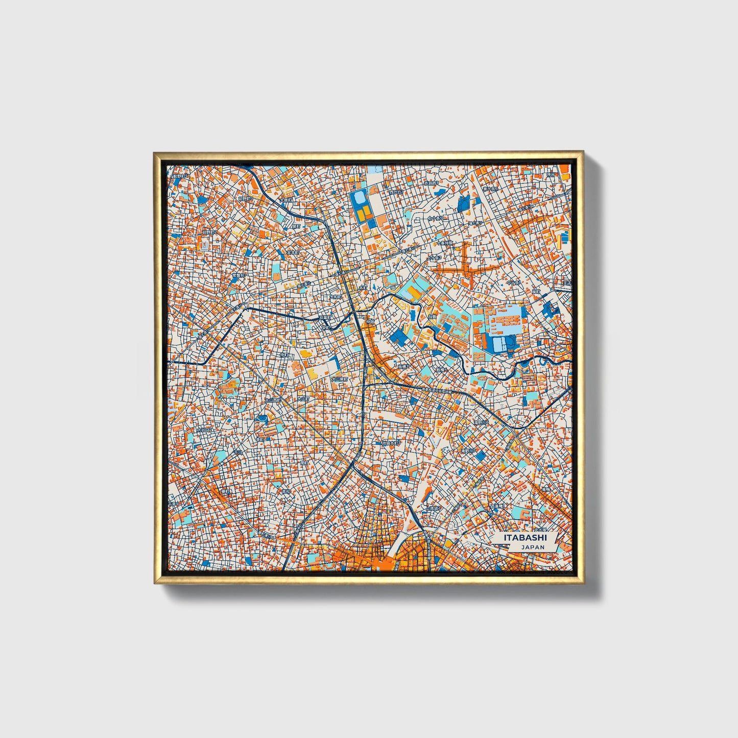 Itabashi Japan Colorful City Map Canvas Print • Gold Framed
