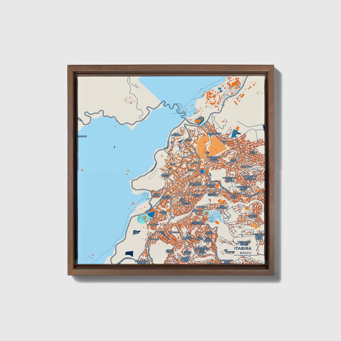 Itabira Brazil Colorful City Map Canvas Print • Dark Wooden Framed
