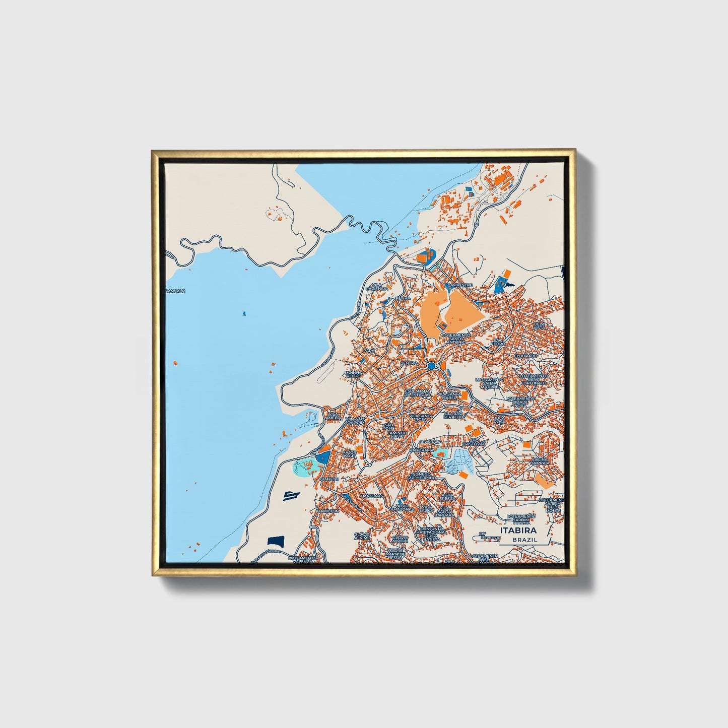 Itabira Brazil Colorful City Map Canvas Print • Gold Framed
