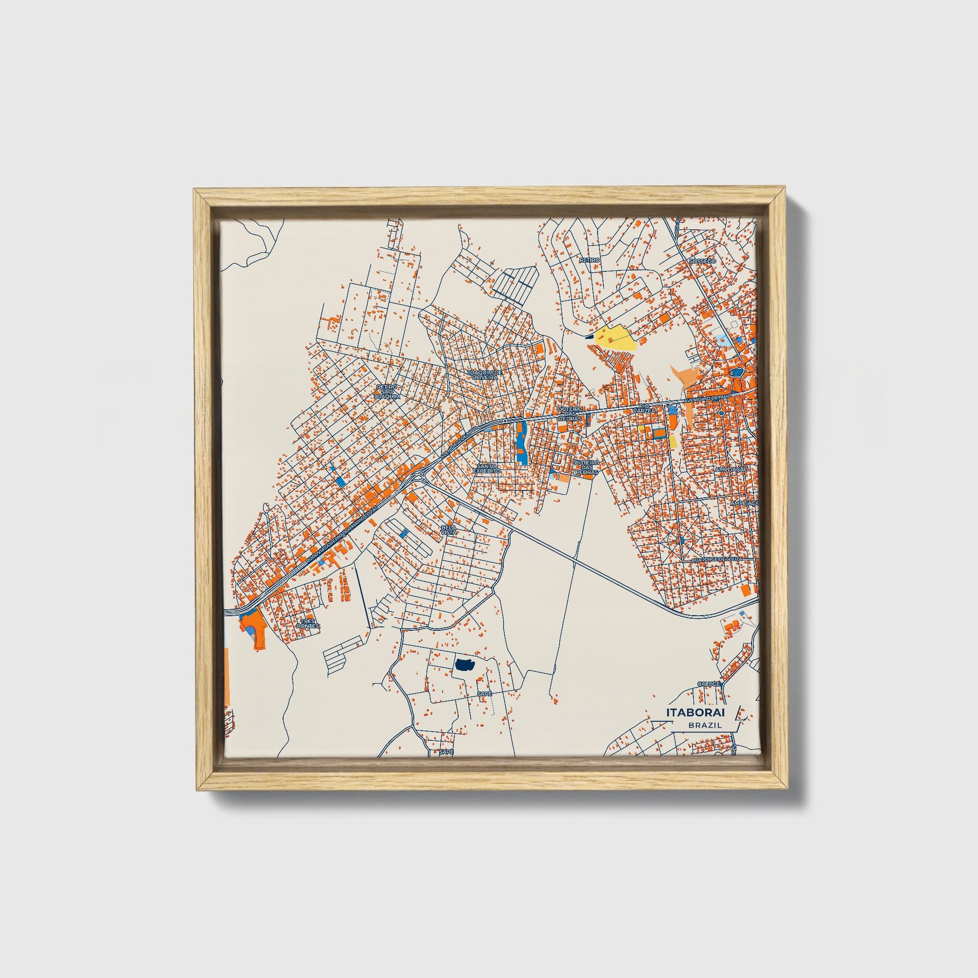 Itaborai Brazil Colorful City Map Canvas Print • Natural Wooden Framed