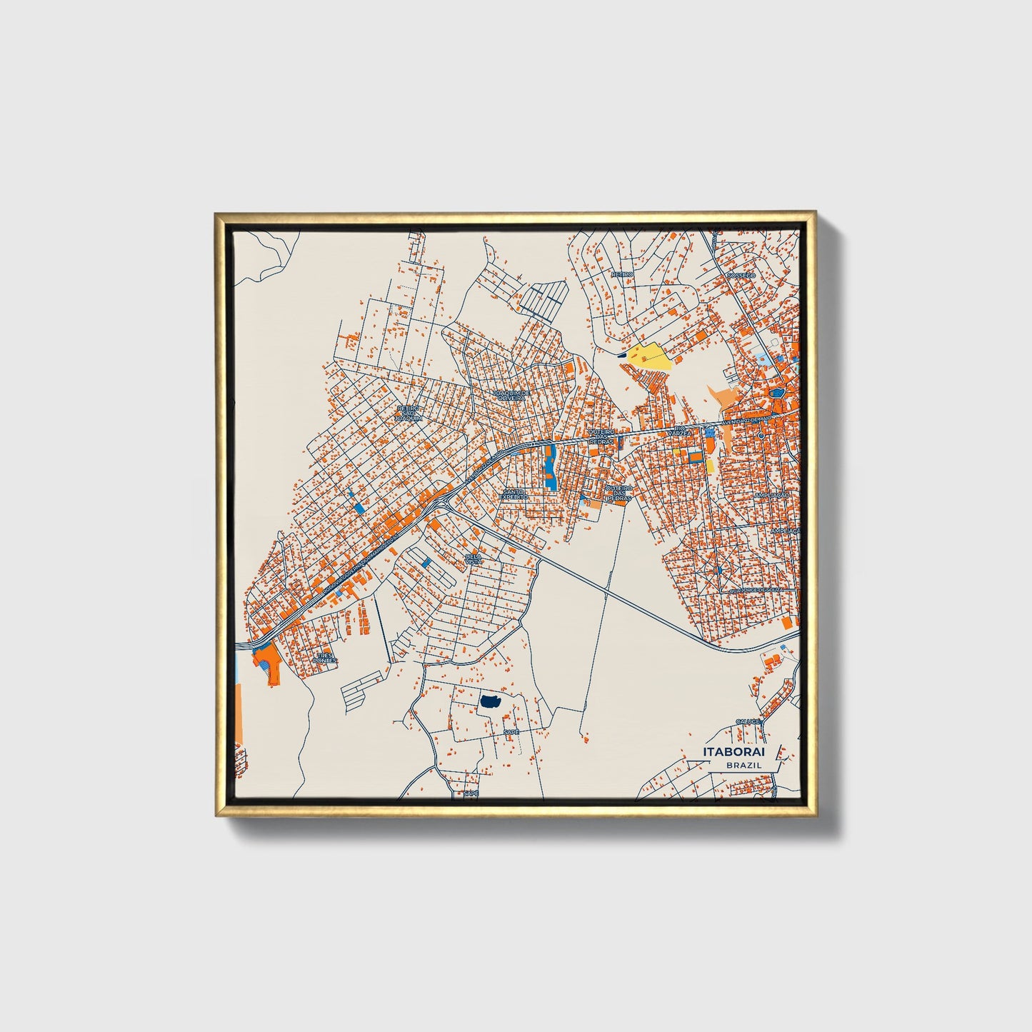 Itaborai Brazil Colorful City Map Canvas Print • Gold Framed