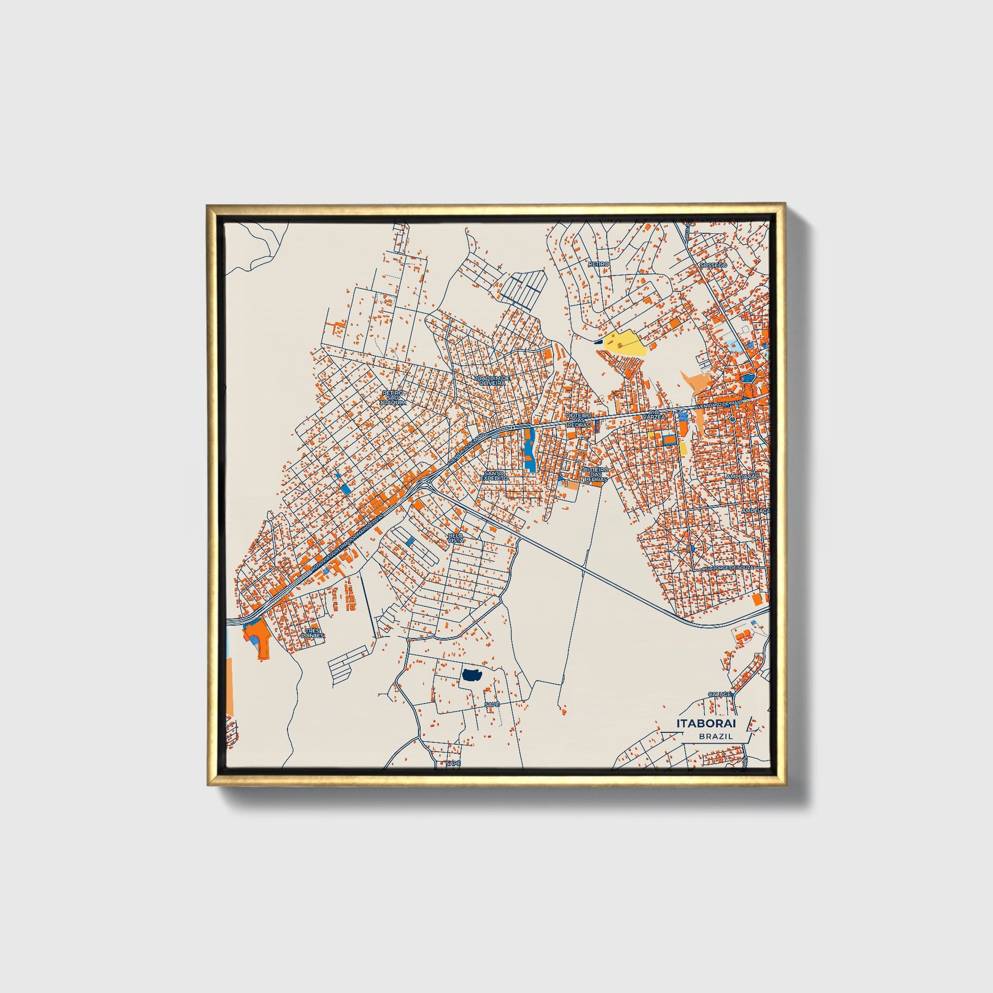 Itaborai Brazil Colorful City Map Canvas Print • Gold Framed