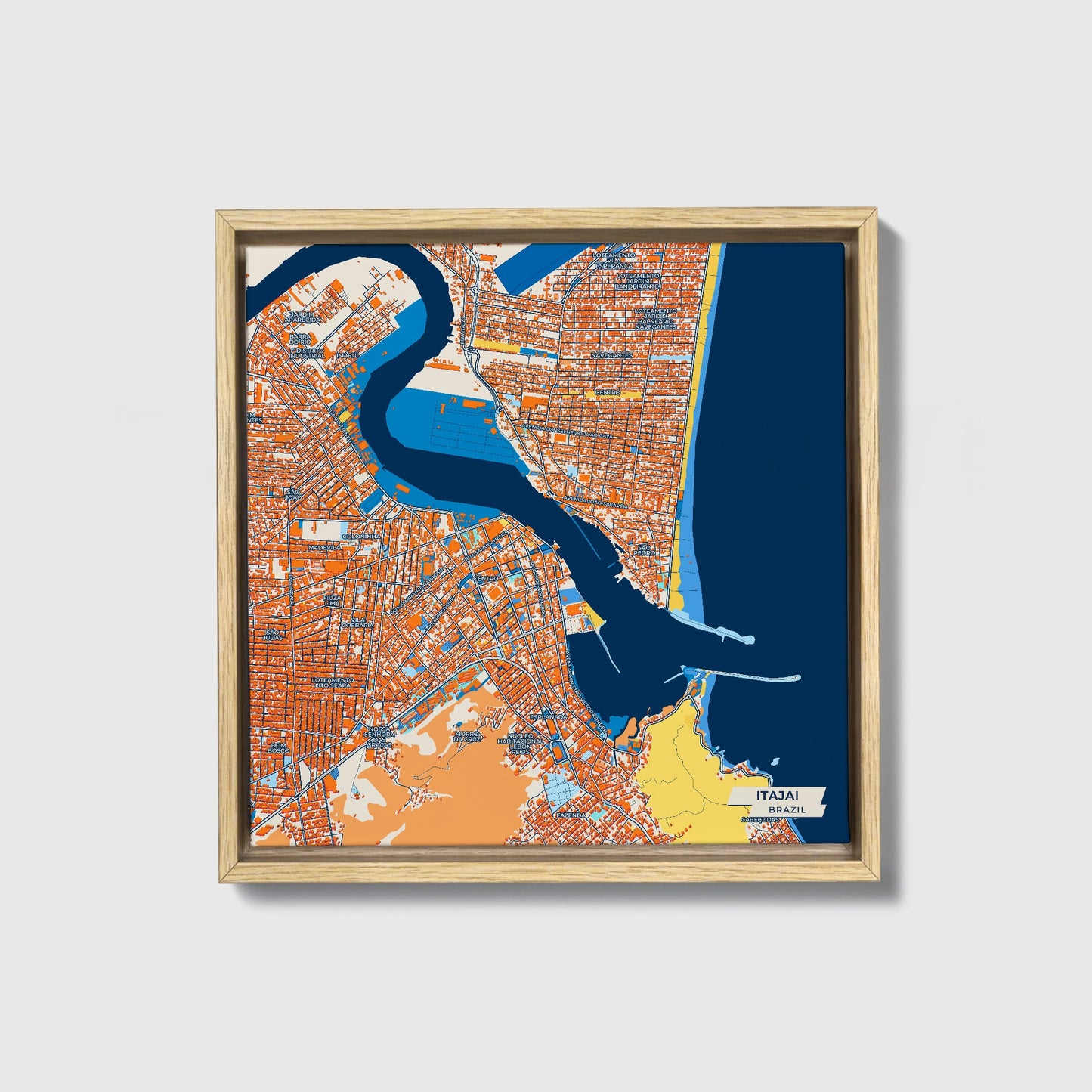 Itajai Brazil Colorful City Map Canvas Print • Natural Wooden Framed