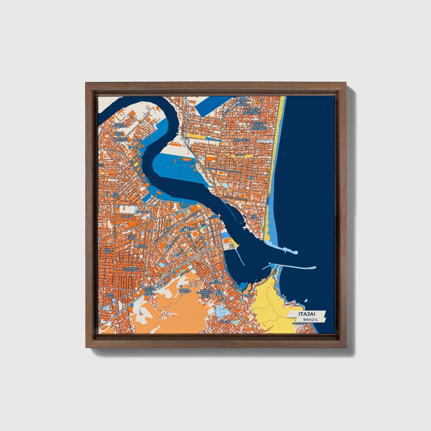 Itajai Brazil Colorful City Map Canvas Print • Dark Wooden Framed