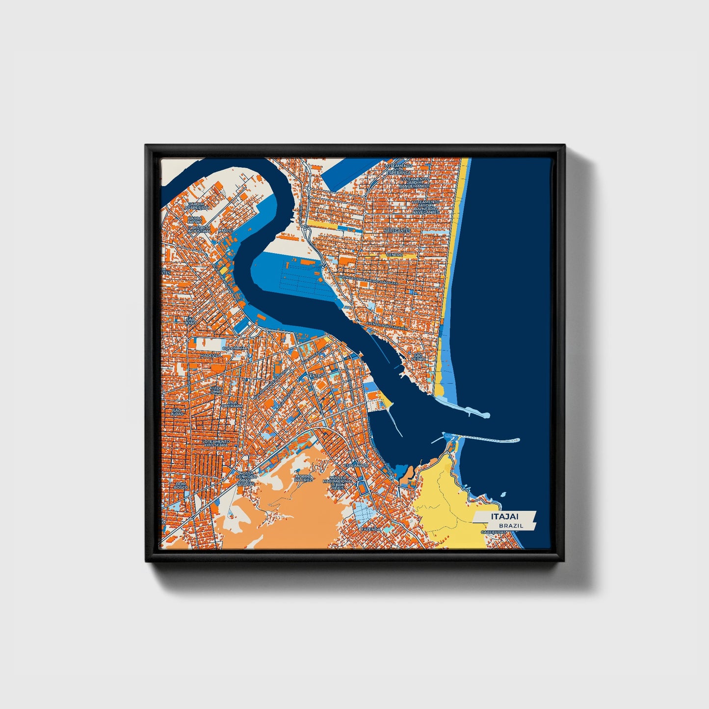 Itajai Brazil Colorful City Map Canvas Print • Black Framed