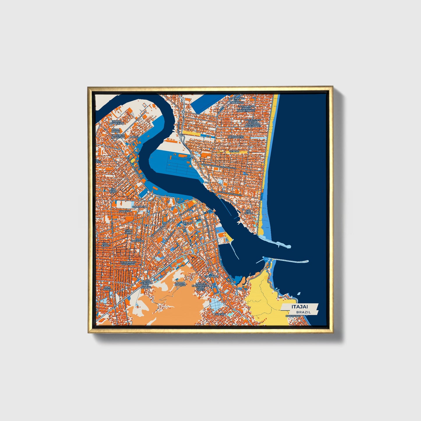 Itajai Brazil Colorful City Map Canvas Print • Gold Framed