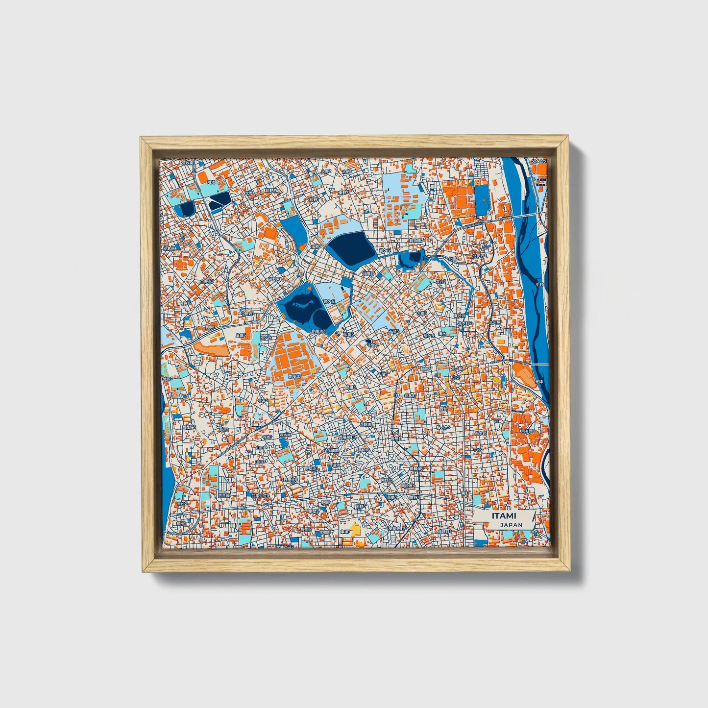 Itami Japan Colorful City Map Canvas Print • Natural Wooden Framed