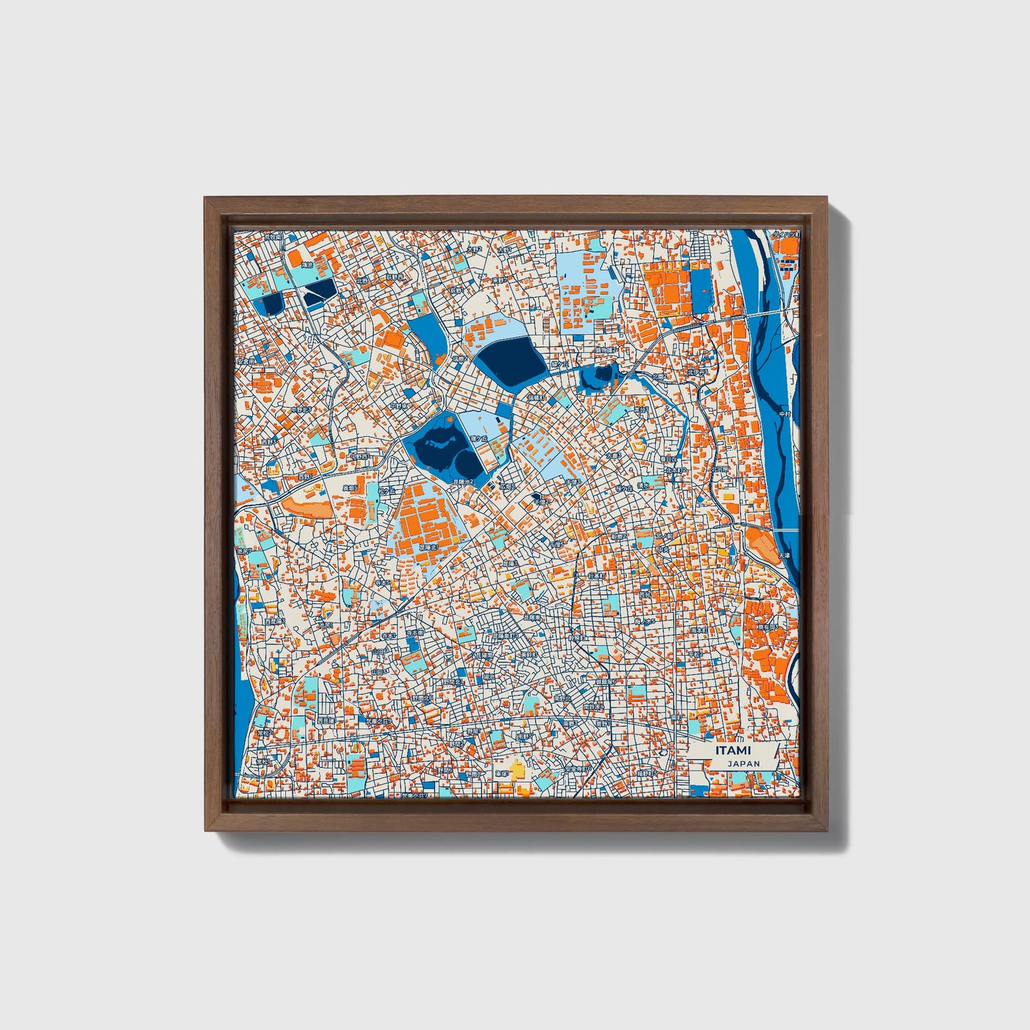 Itami Japan Colorful City Map Canvas Print • Dark Wooden Framed